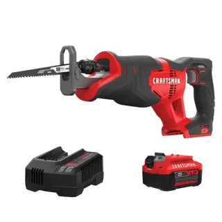 Photo of Craftsman CMCS300M1 cordless reciprocating saw kit with battery and charger, front angle.