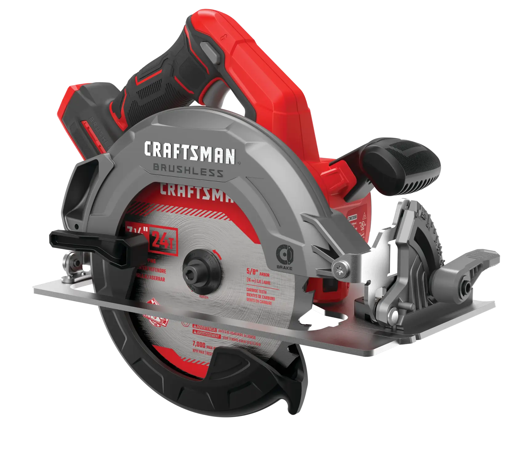 Right profile of 20 volt 7 1 quarter inch brushless cordless circular saw.