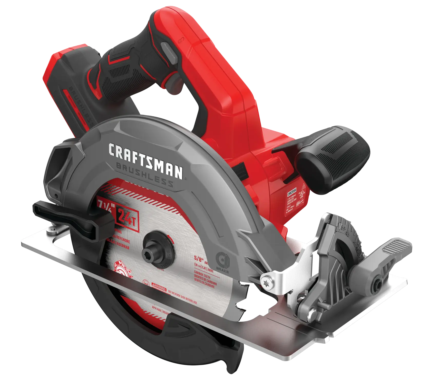 Close up of 20 volt 7 1 quarter inch brushless cordless circular saw.