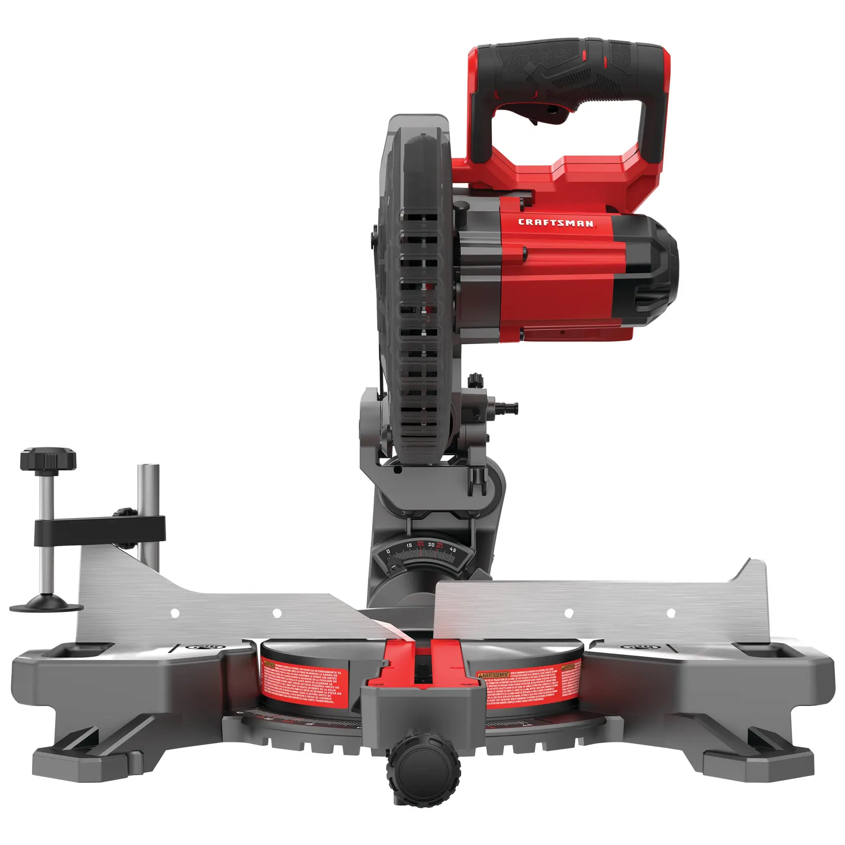 Front angle photo of Craftsman cordless miter saw, red and black, SKU CMCS714B, on white background.