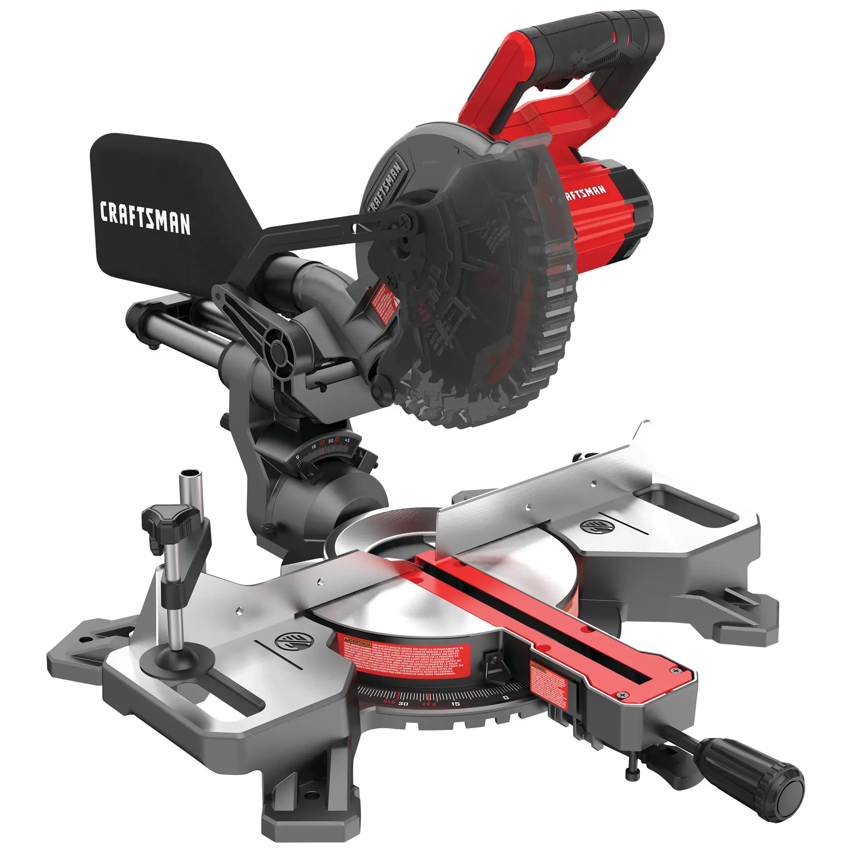 Photo of Craftsman cordless sliding miter saw, SKU CMCS714B, angled view on white background.