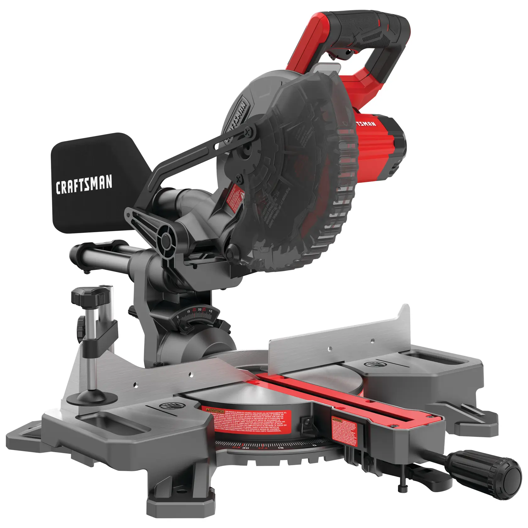 Photo of CRAFTSMAN CMCS714M1 miter saw, red and black, with dust bag, side angle view on white background.