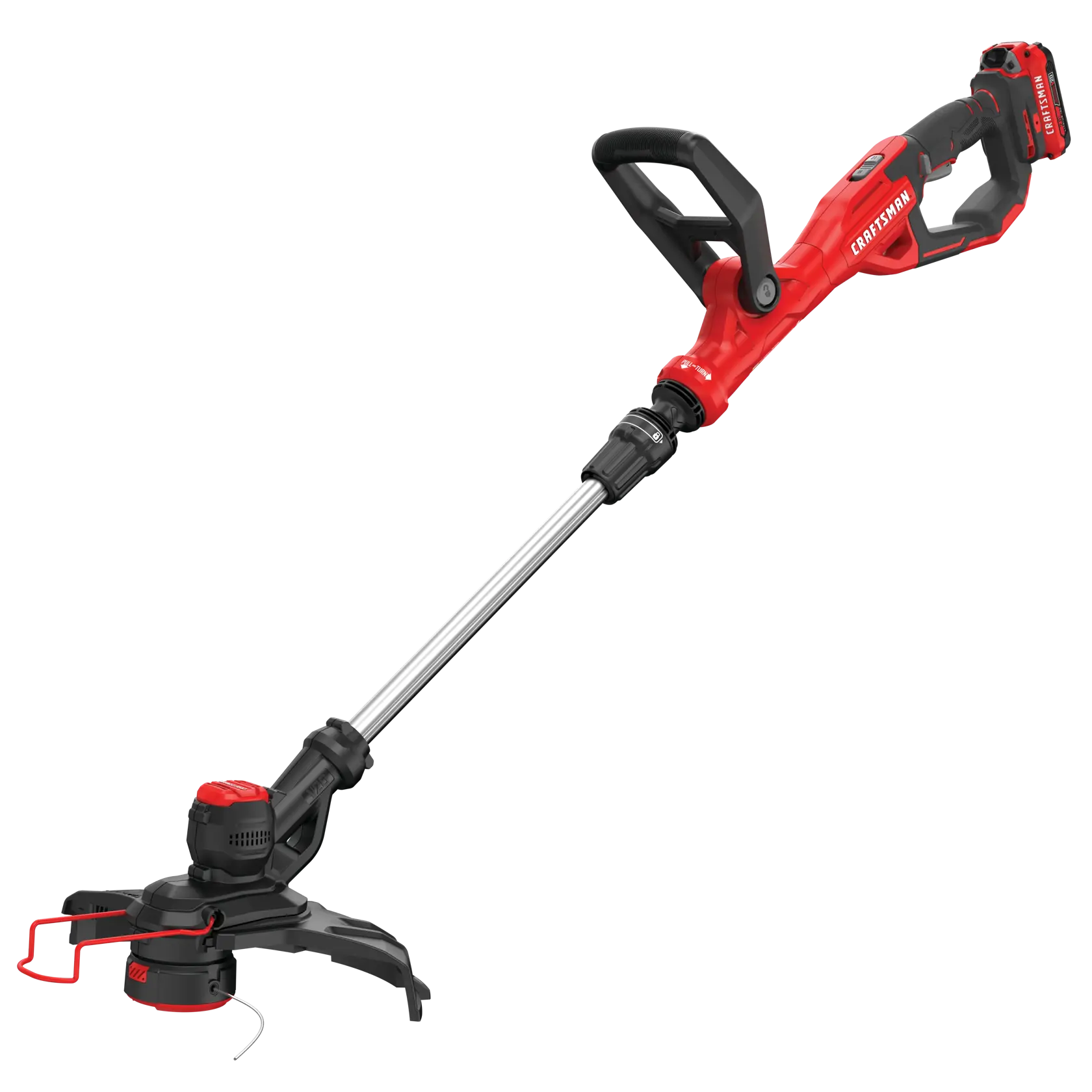 Photo of Craftsman CMCST900D1 cordless string trimmer, red and black, angled view on white background.