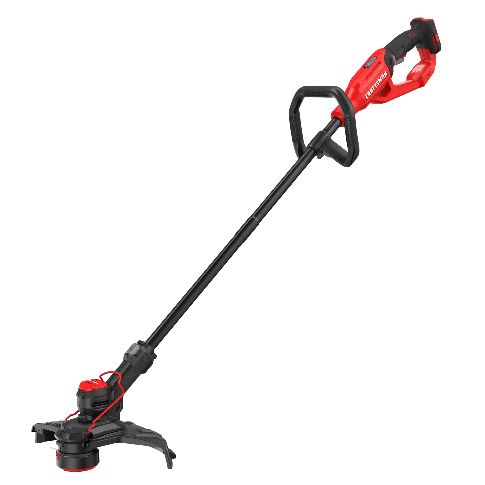 A red and black cordless electric string trimmer, commonly used for lawn and garden maintenance.