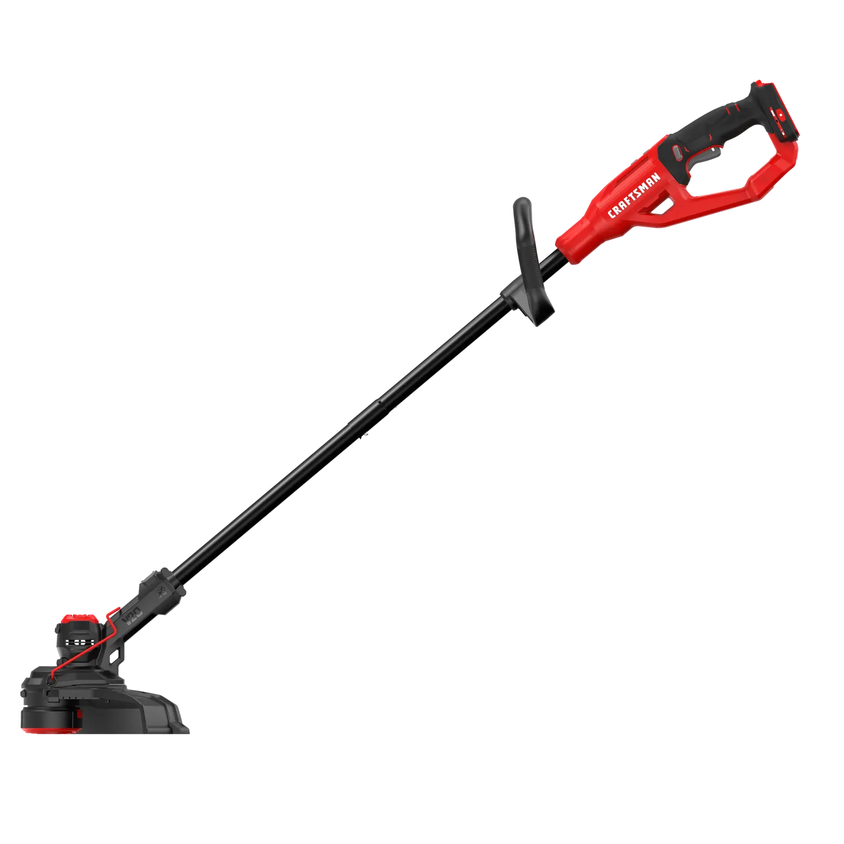 A cordless electric string trimmer with a black and red handle, shown against a white background. The device is used for trimming grass and weeds.