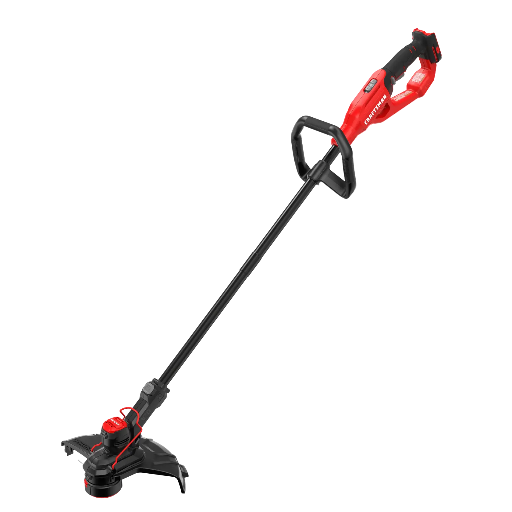 A red and black cordless electric string trimmer with an adjustable handle, designed for lawn and garden maintenance.