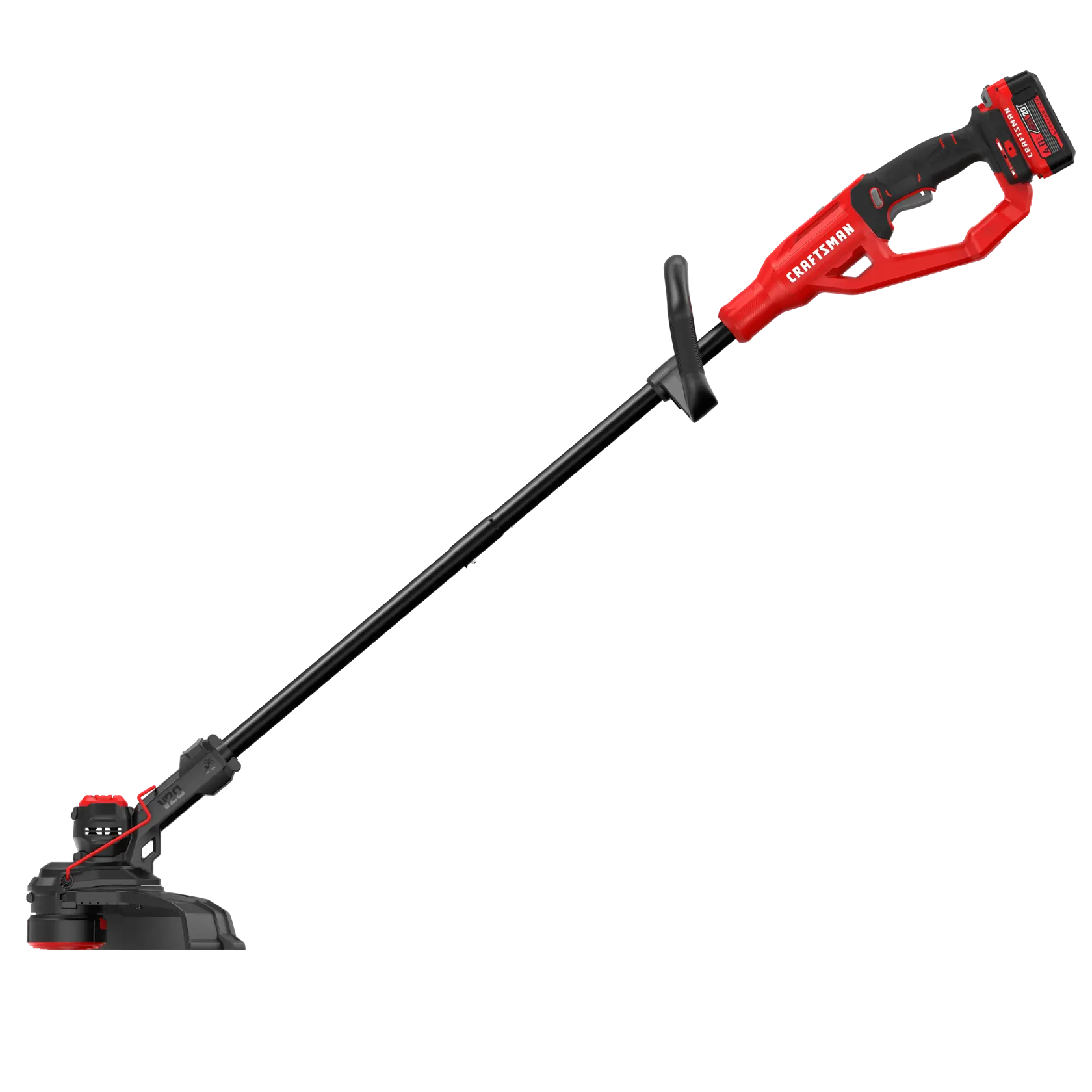 A red and black cordless electric string trimmer with a rechargeable battery, featuring an ergonomic handle and adjustable shaft, designed for lawn and garden edging and trimming.