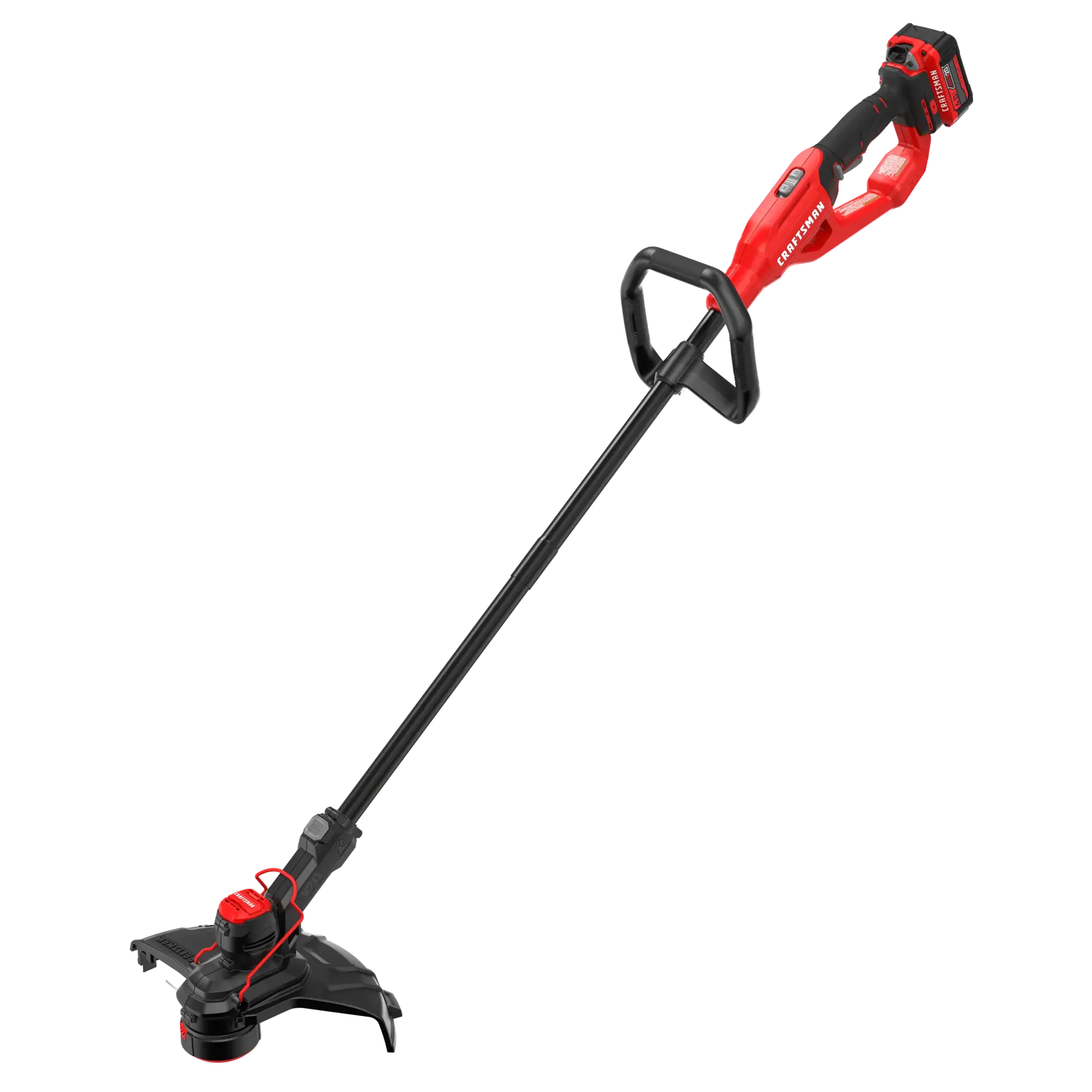 A red and black cordless string trimmer, used for lawn care and edging, featuring a long handle and a loop grip.
