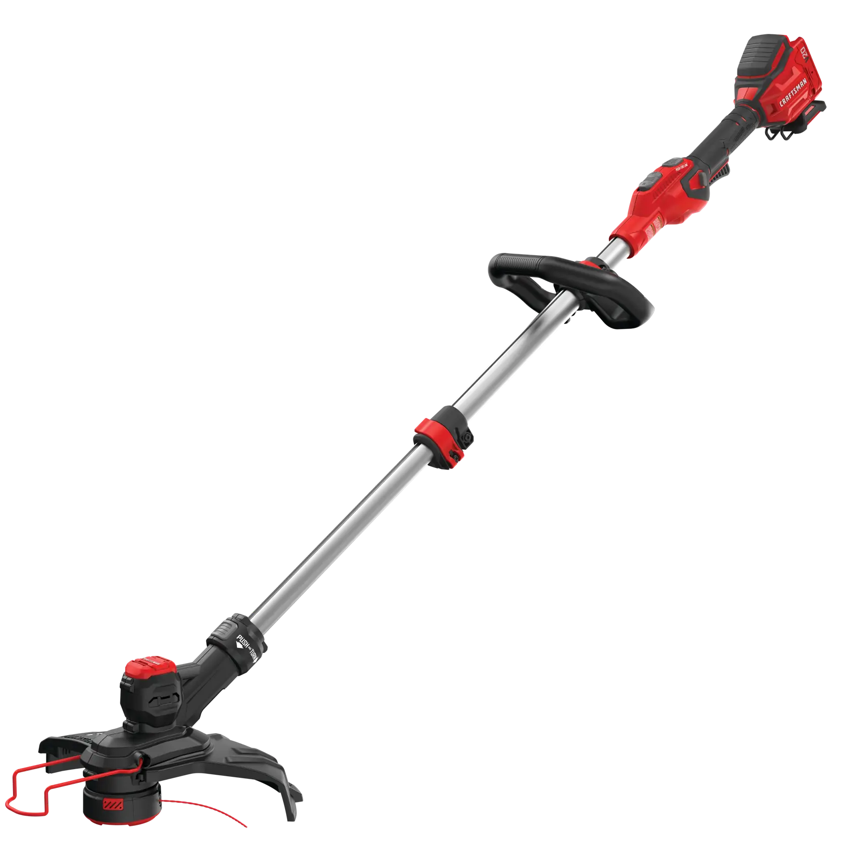 Left profile of 20 volt cordless 13 inch weedwacker string trimmer edger with push button feed.