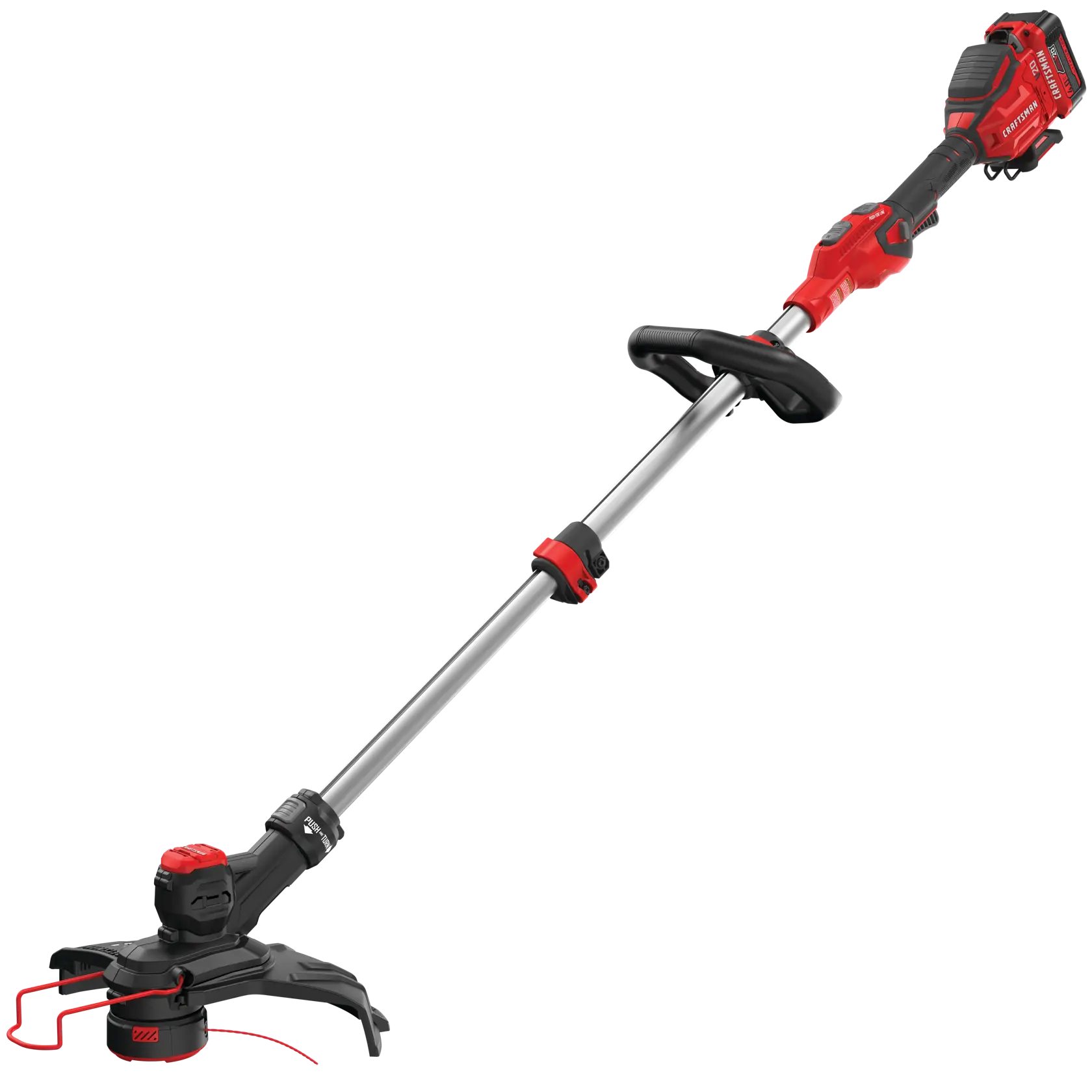 Photo of Craftsman CMCST910M1 cordless string trimmer, red and black, side angle on white background.