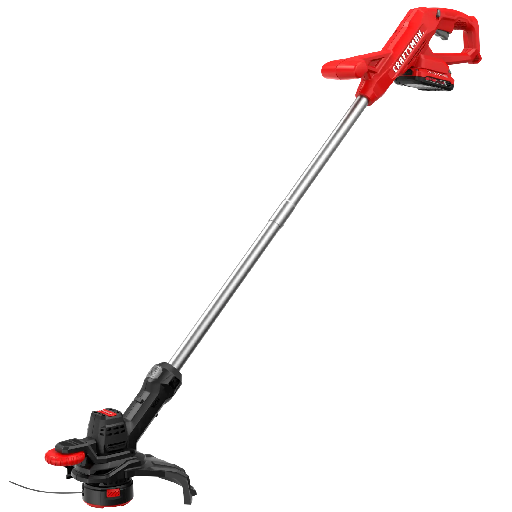 Craftsman CMCST915D1 cordless string trimmer, red and black, side angle on white background.