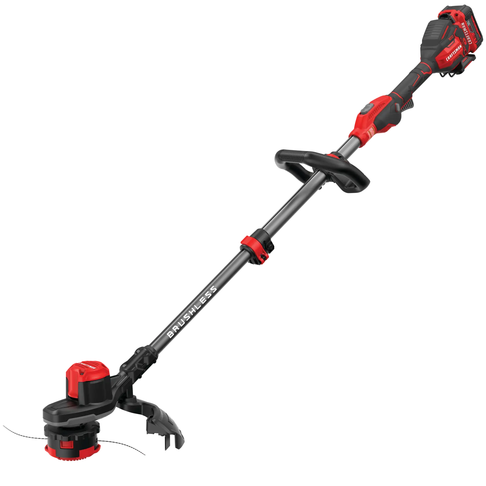 Left profile of 20 volt weedwacker 13 inch brushless cordless string trimmer with quickwind 4.0 ampere per hour.