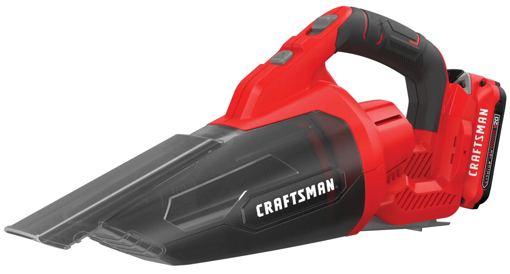 Photo of Craftsman handheld vacuum CMCVH001C1, red and black, side angle on white background.