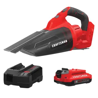 Craftsman handheld vacuum CMCVH001C1 with battery and charger, side angle on white background.