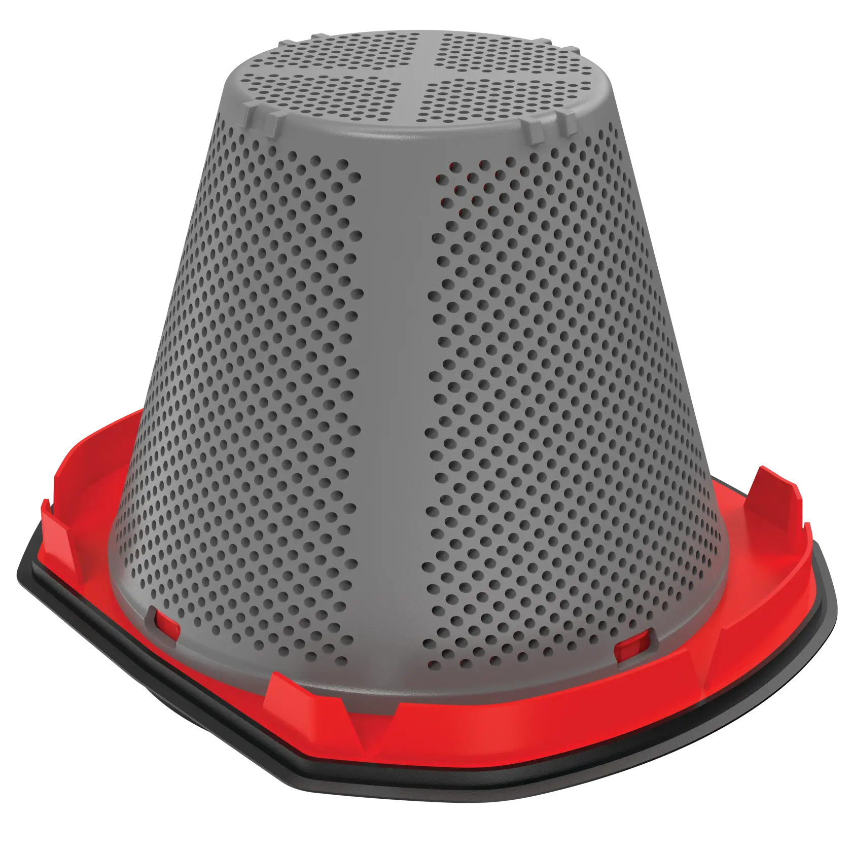 Craftsman CMCVH001C1 cone-shaped gray and red vacuum filter with perforated sides, front angle, white background.