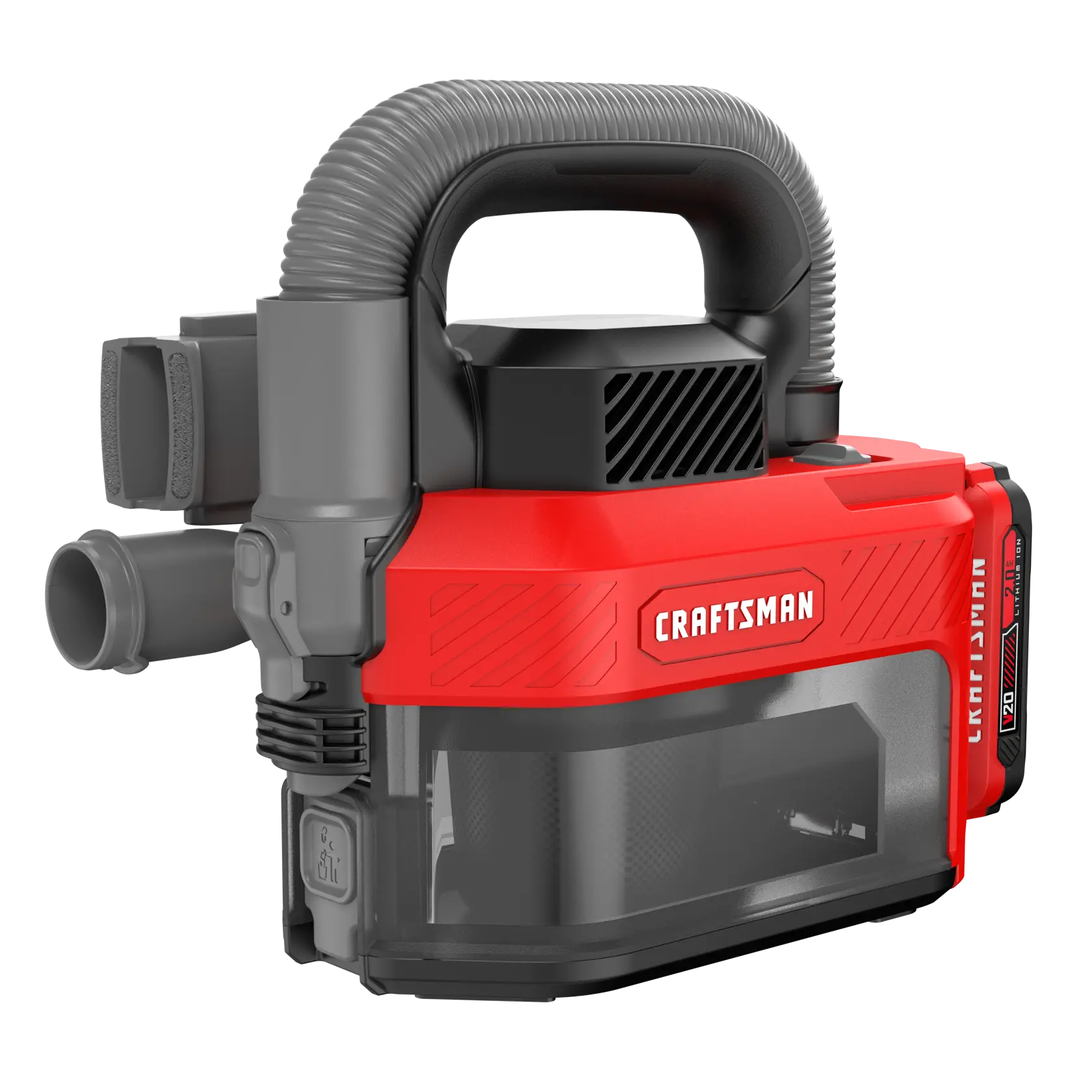 Red and black CRAFTSMAN portable cordless vacuum cleaner with flexible hose and clear dust container.
