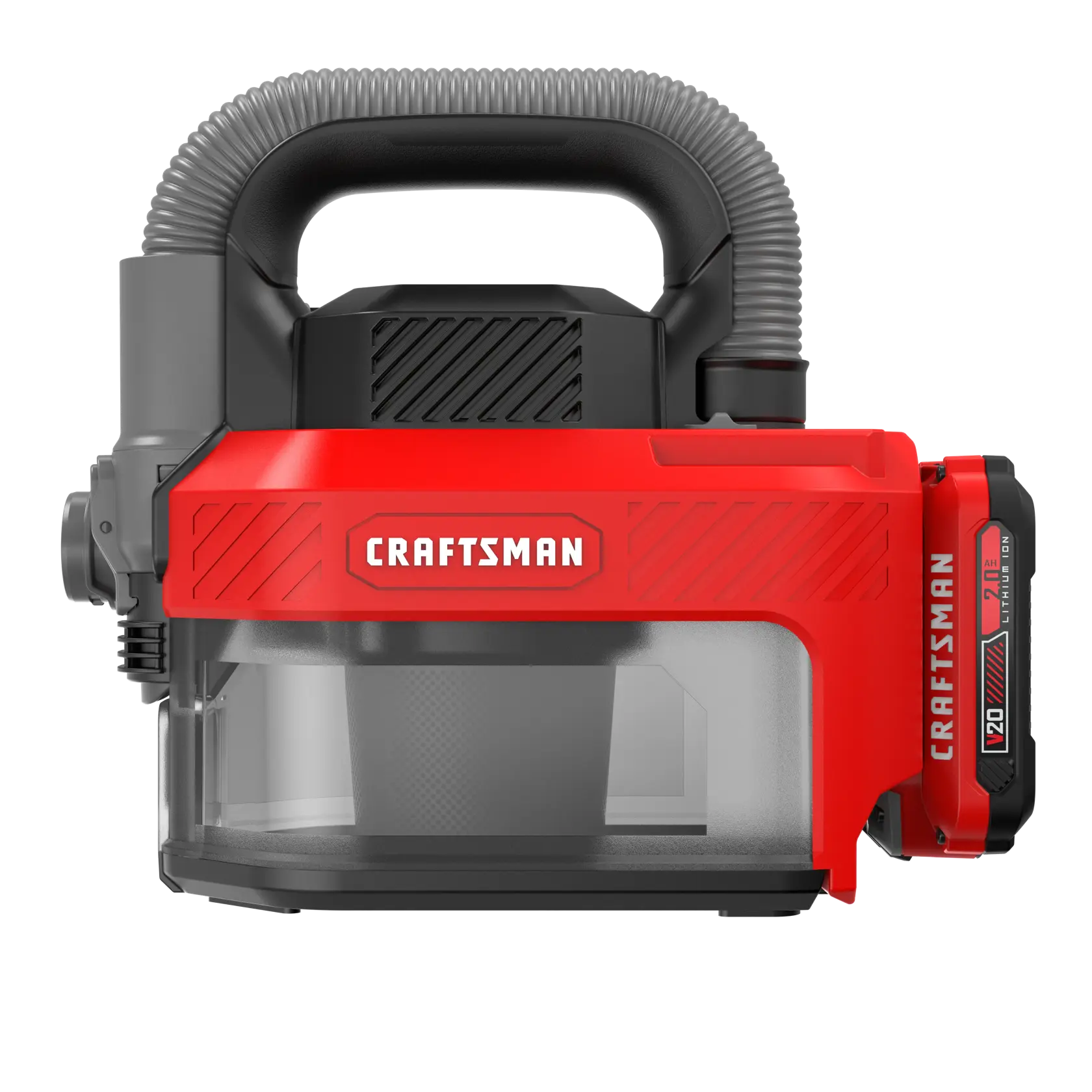 Red and black CRAFTSMAN portable vacuum with handle and transparent dust canister, shown from the front.