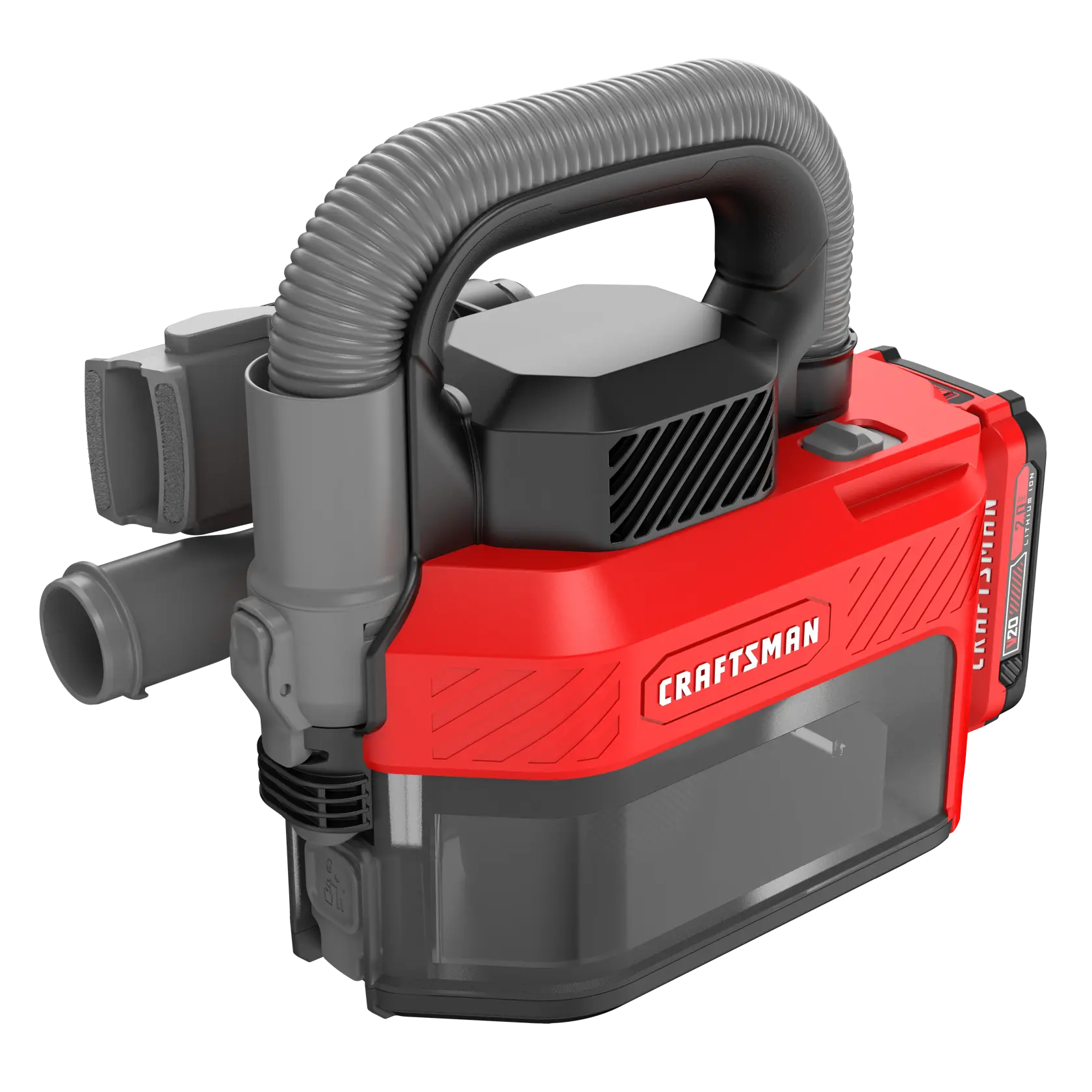 CRAFTSMAN cordless handheld vacuum with red and black design and flexible hose attachment.