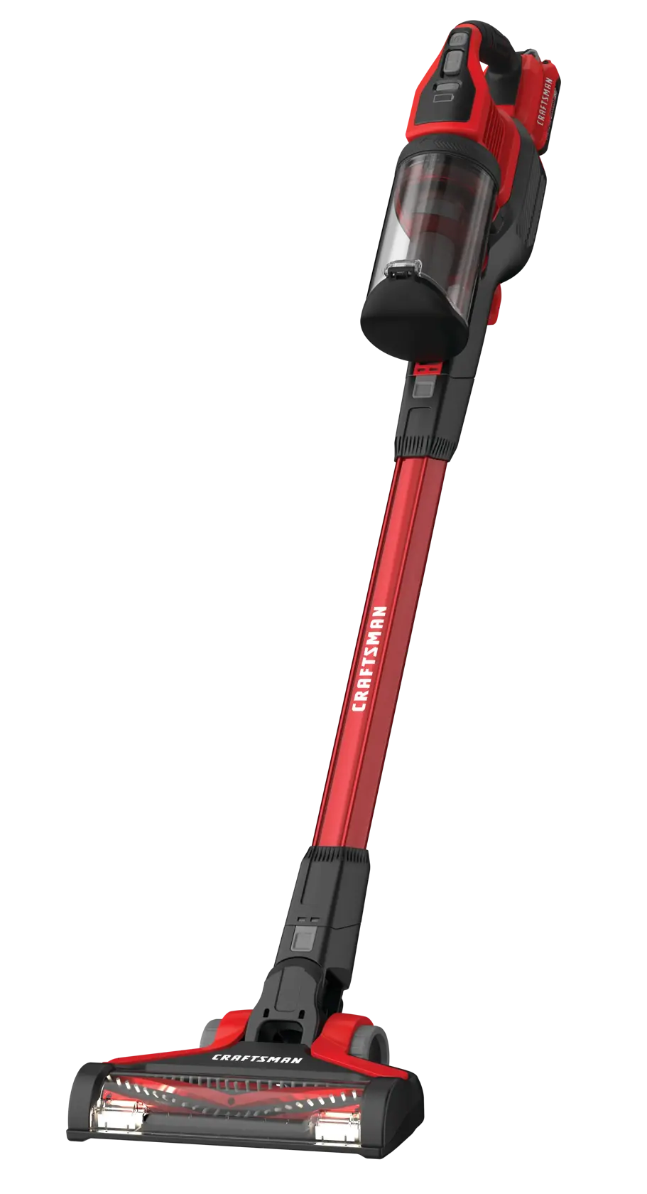 Photo of Craftsman CMCVS001D1 cordless stick vacuum, red and black, side angle, on white background.