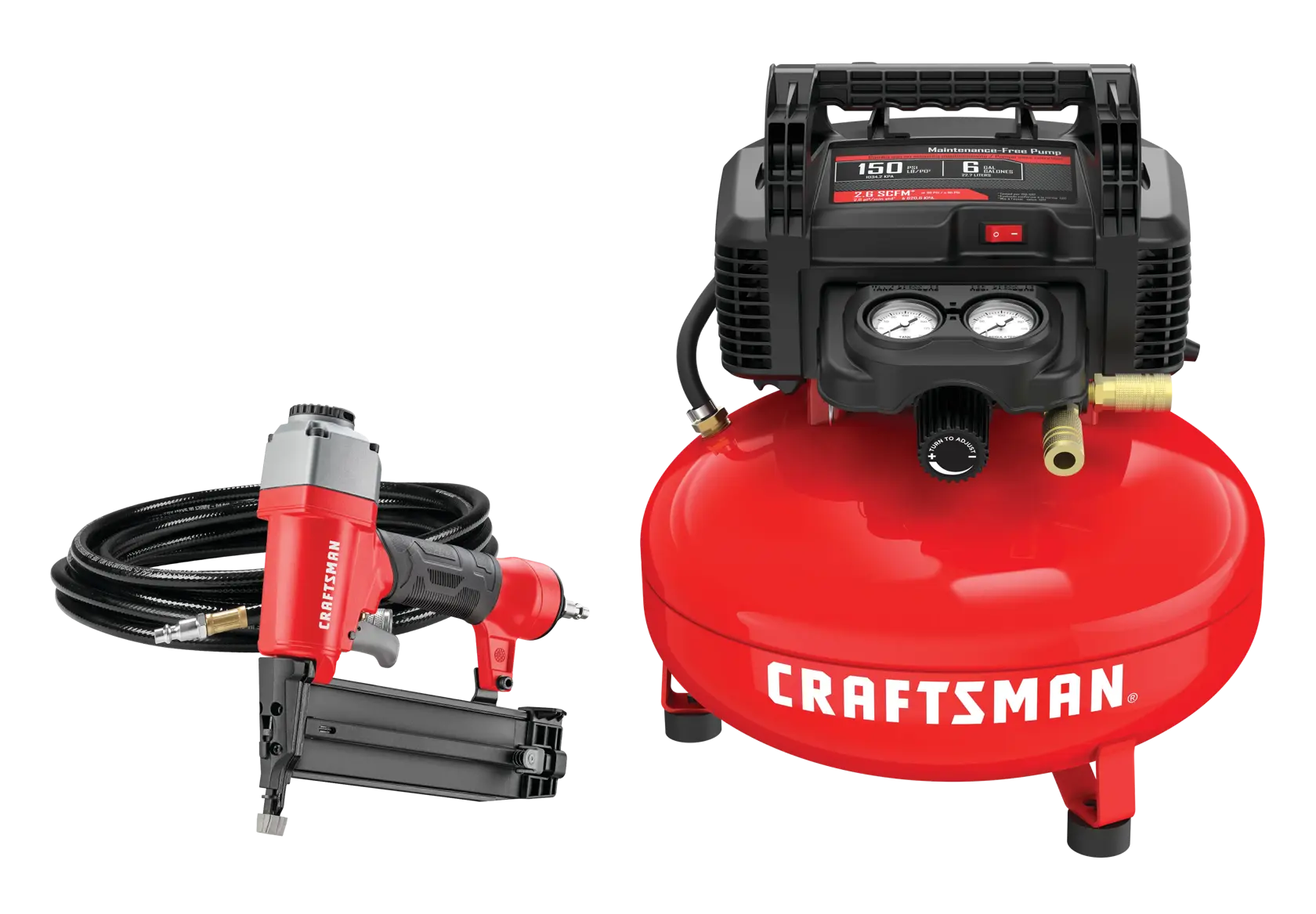 Photo of Craftsman CMEC1KIT18 air compressor kit with nail gun and hose, front angle, red and black colors.