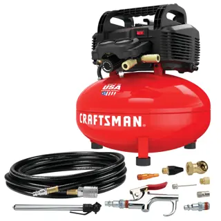 Craftsman air compressor with hose and accessory kit CMEC6150 white background beauty shot front angle.