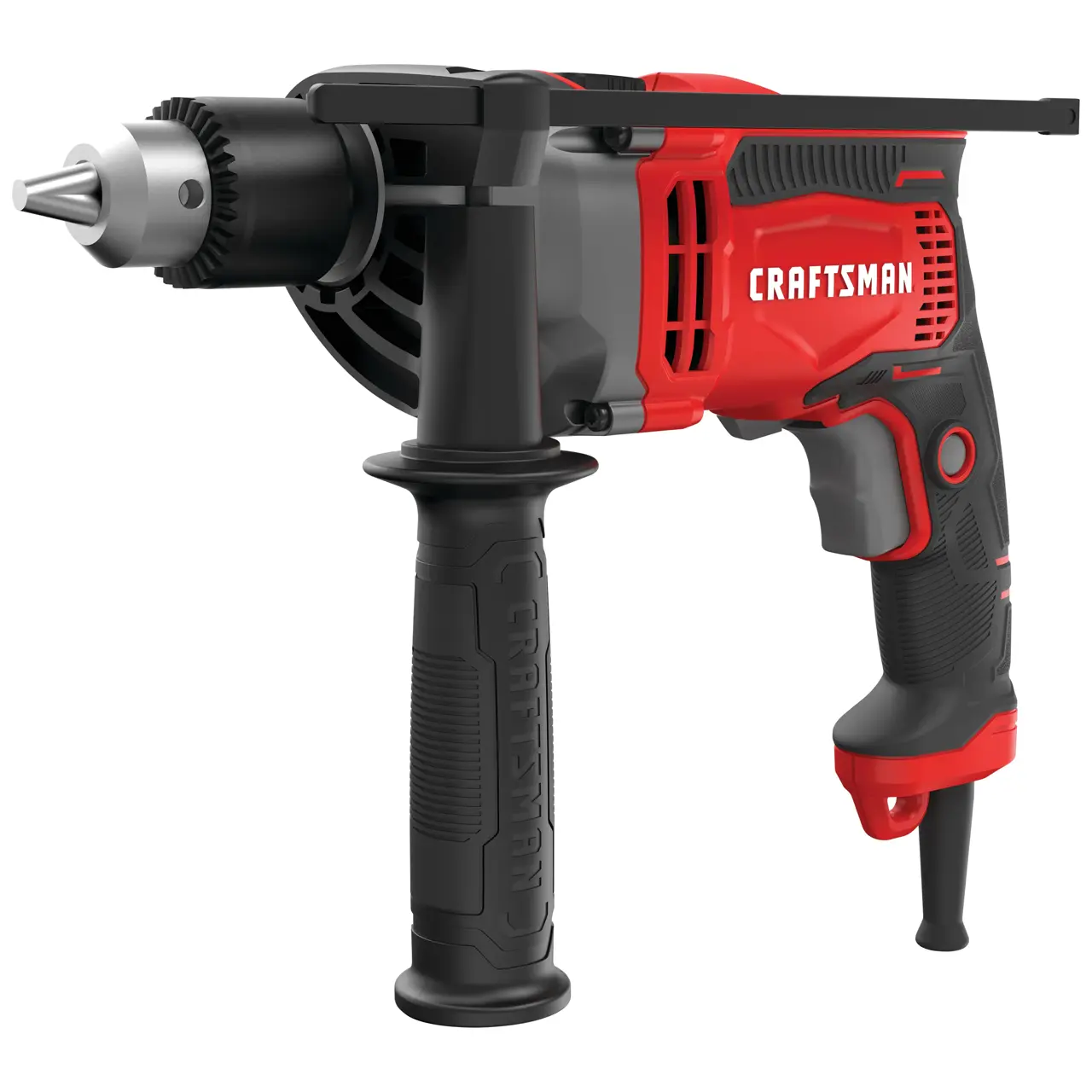 Front angle photo of Craftsman corded hammer drill, red and black, model CMED741, with side handle.