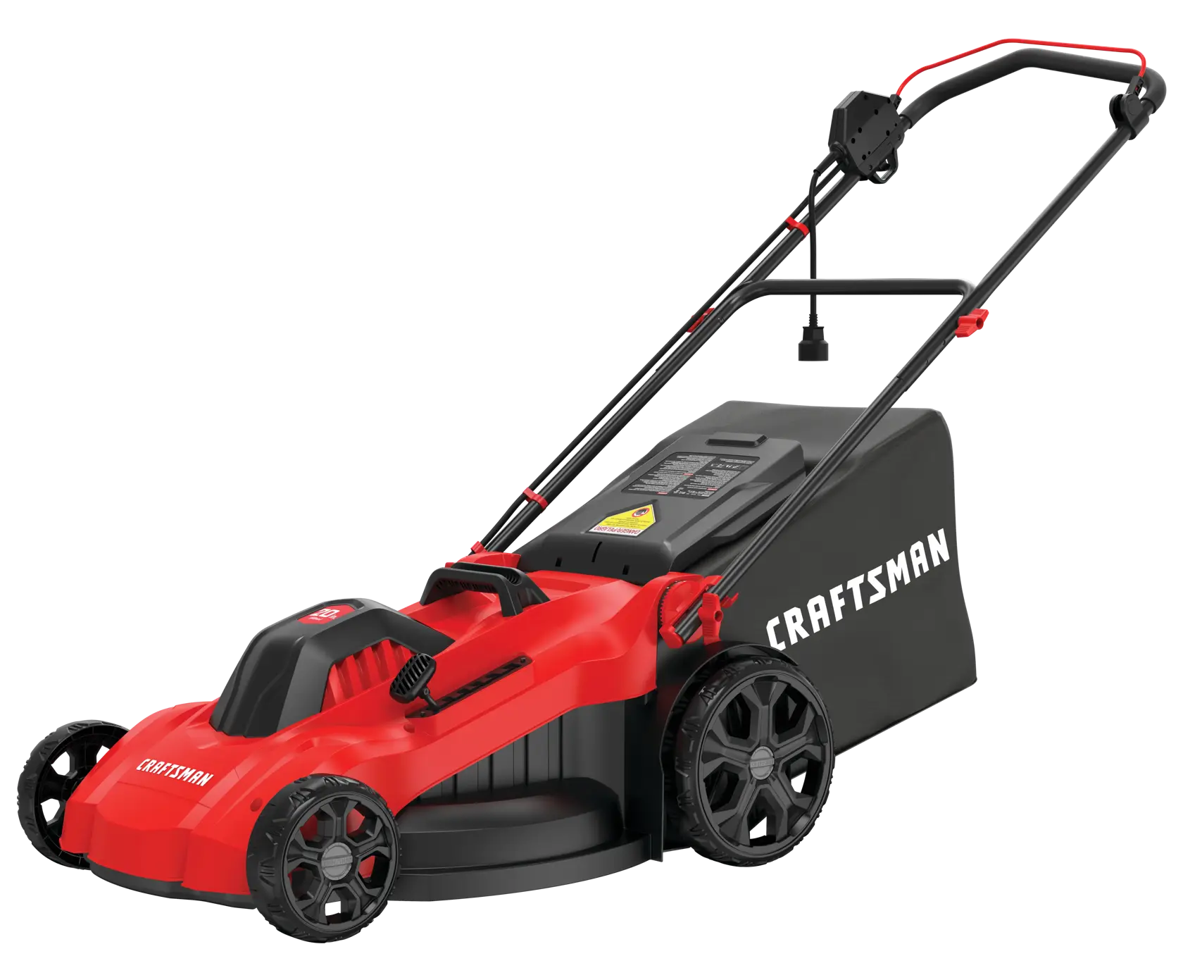 Profile of 13 amp 20 inch corded 3 in 1 lawn mower.