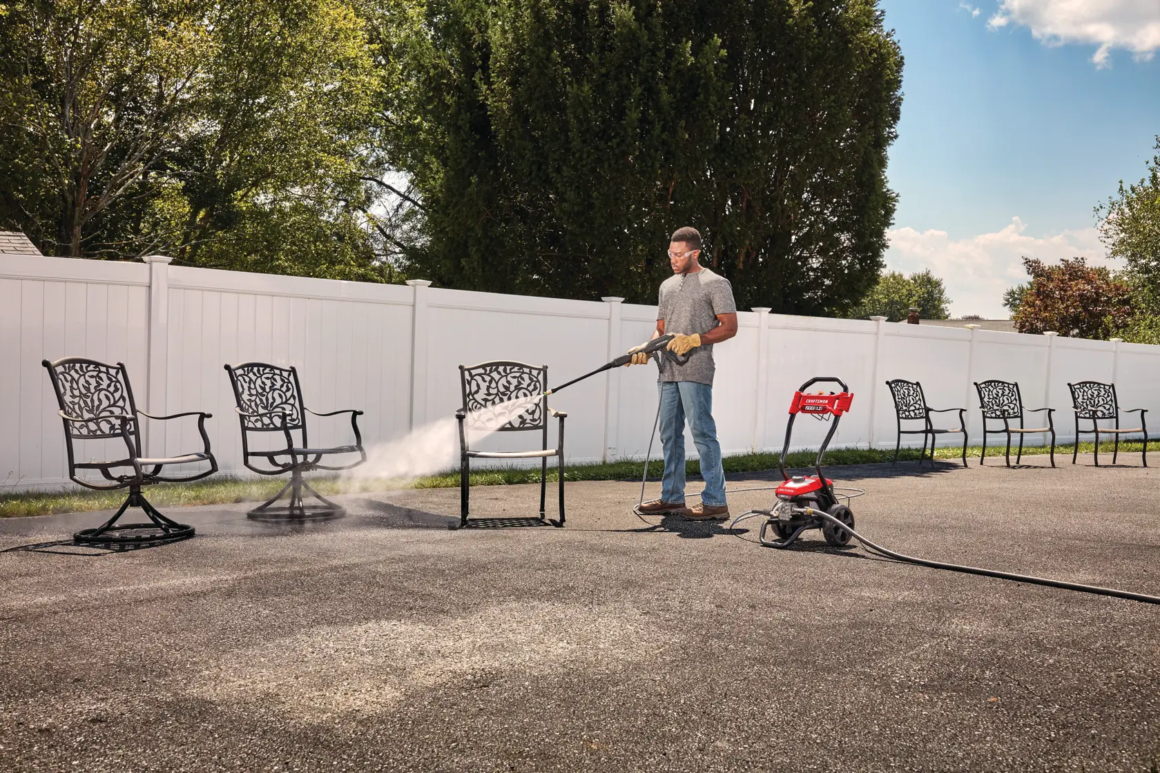1900 pound per square inch electric cold water pressure washer being used by a person.