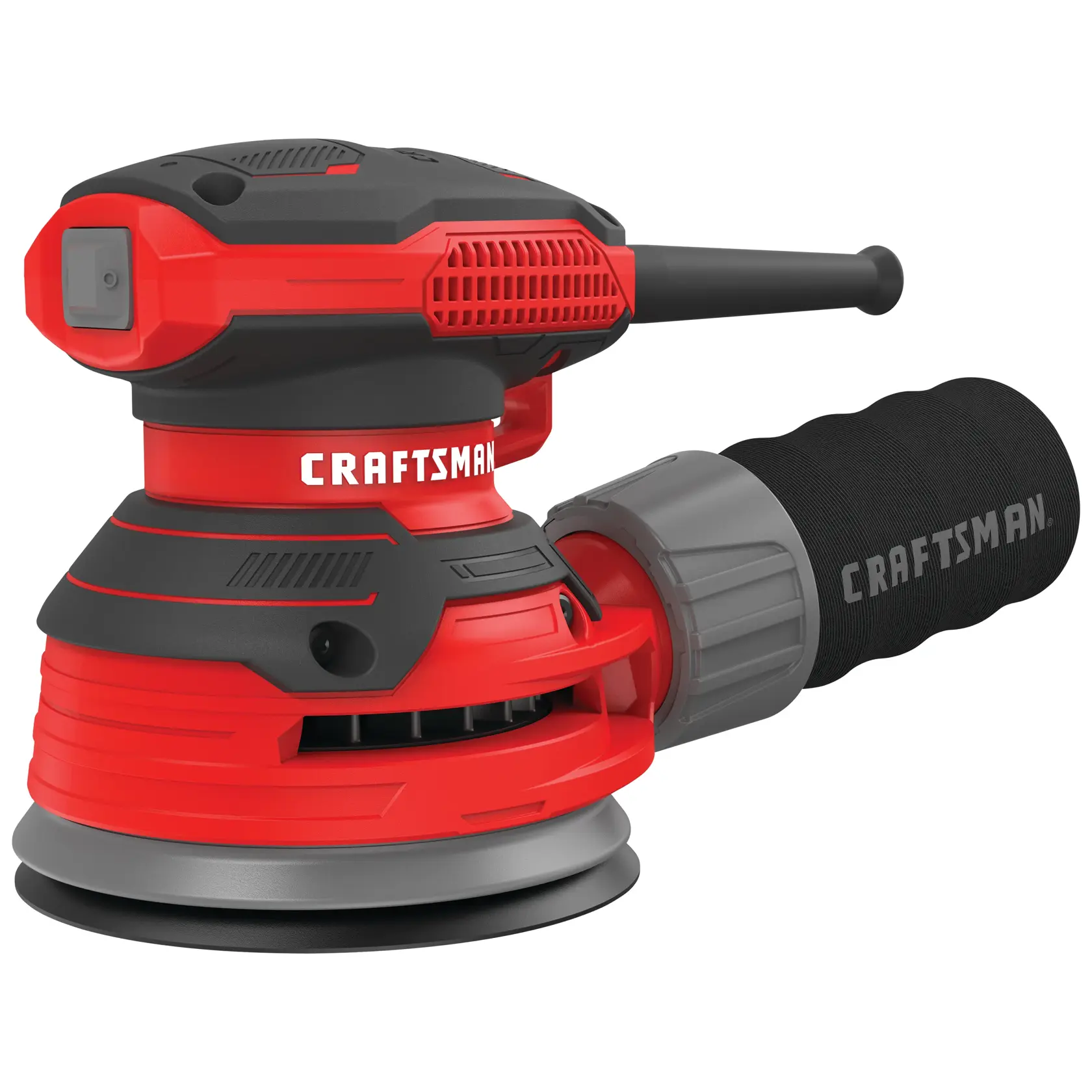 Photo of Craftsman CMEW231 red and black random orbital sander, side view on white background.