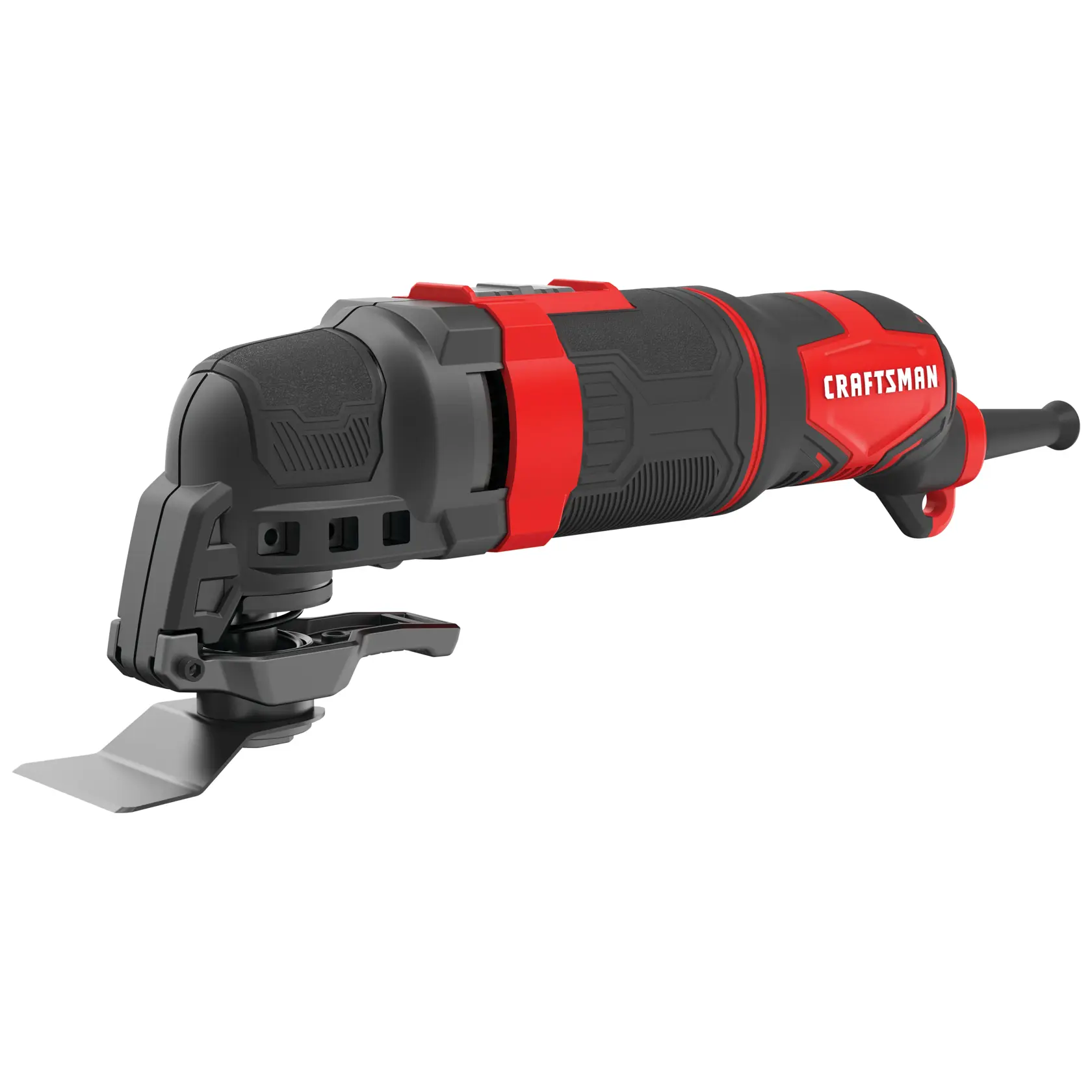 Craftsman CMEW401 oscillating multi-tool, angled view, black and red body, visible blade attachment.