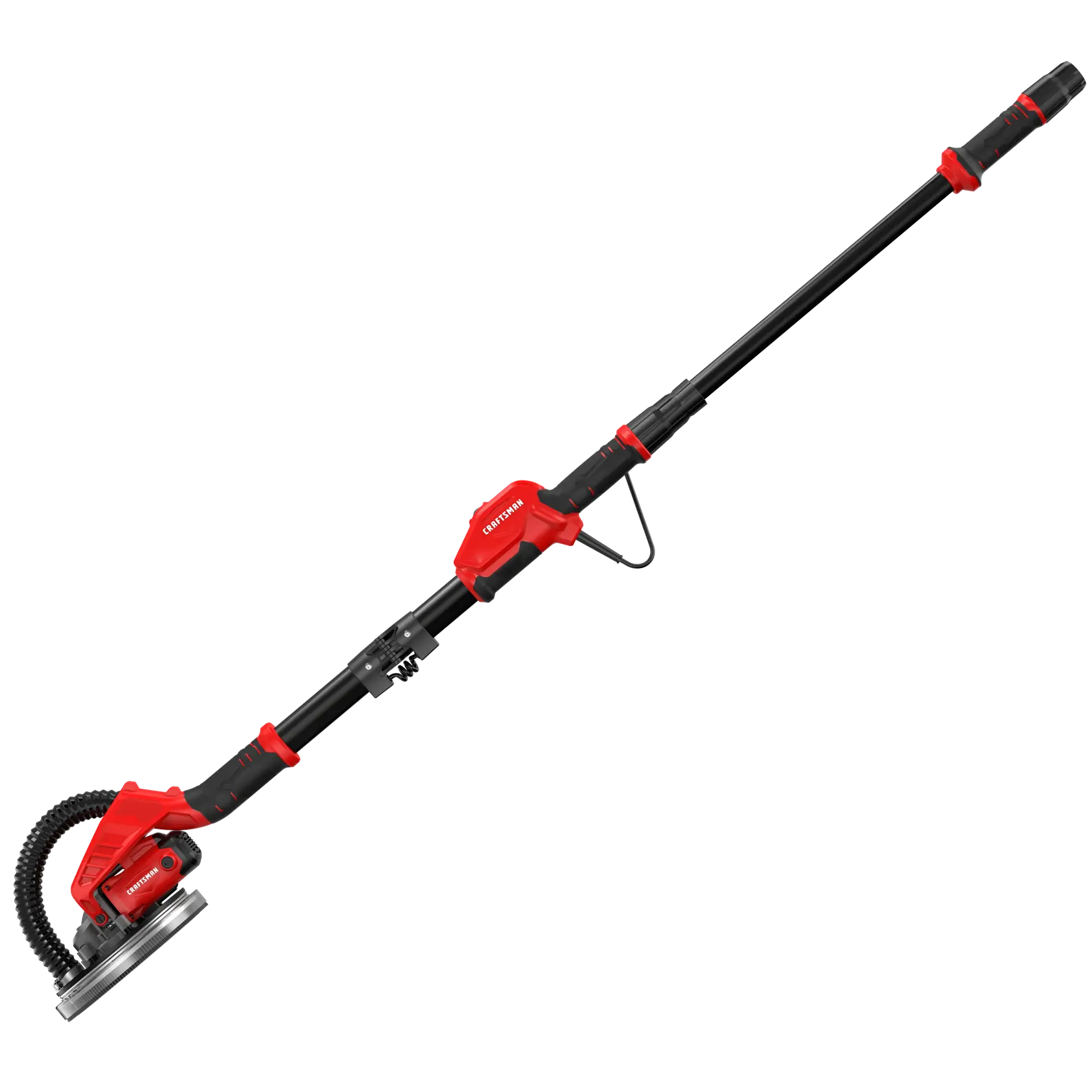 CRAFTSMAN CMEW500 red and black electric drywall sander with extendable handle and vacuum hose attachment.