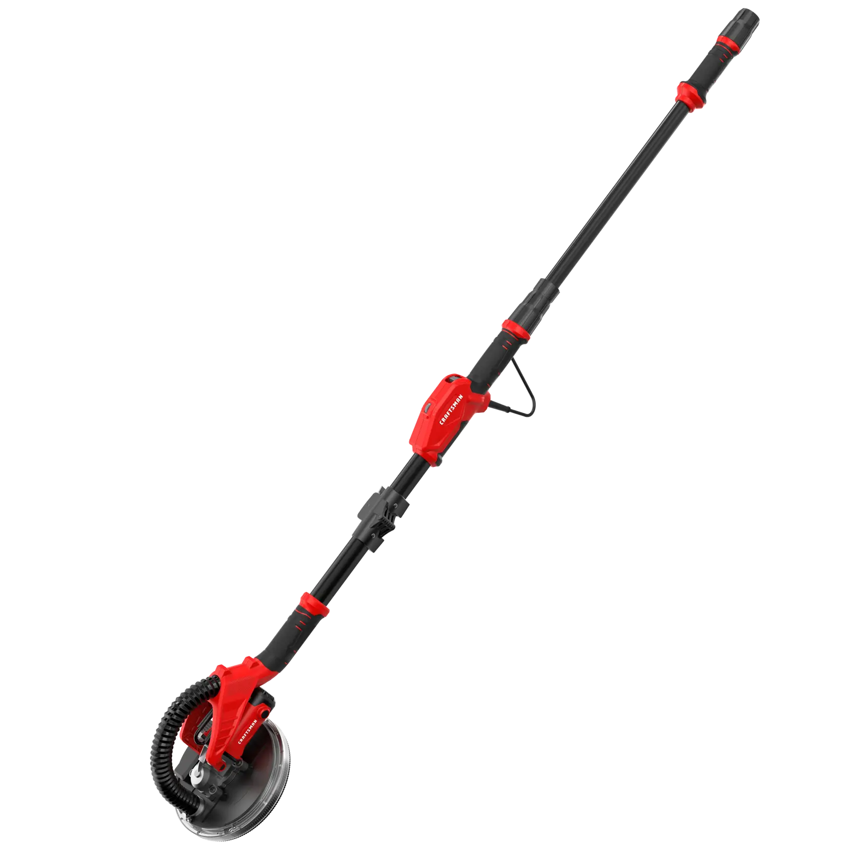 Long-handled red and black drywall sander with vacuum hose attachment, shown on a white background.