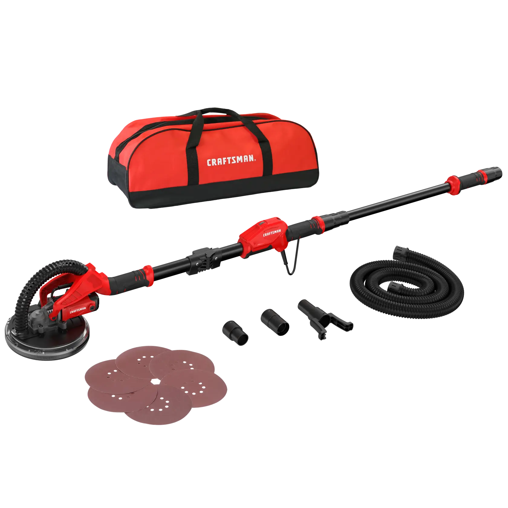 CRAFTSMAN drywall sander kit with long handle, sanding discs, hose, attachments, and red carrying bag.
