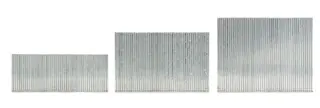 Photo of three sizes of Craftsman finish nails, silvery, model CMFN16PP, on white background.
