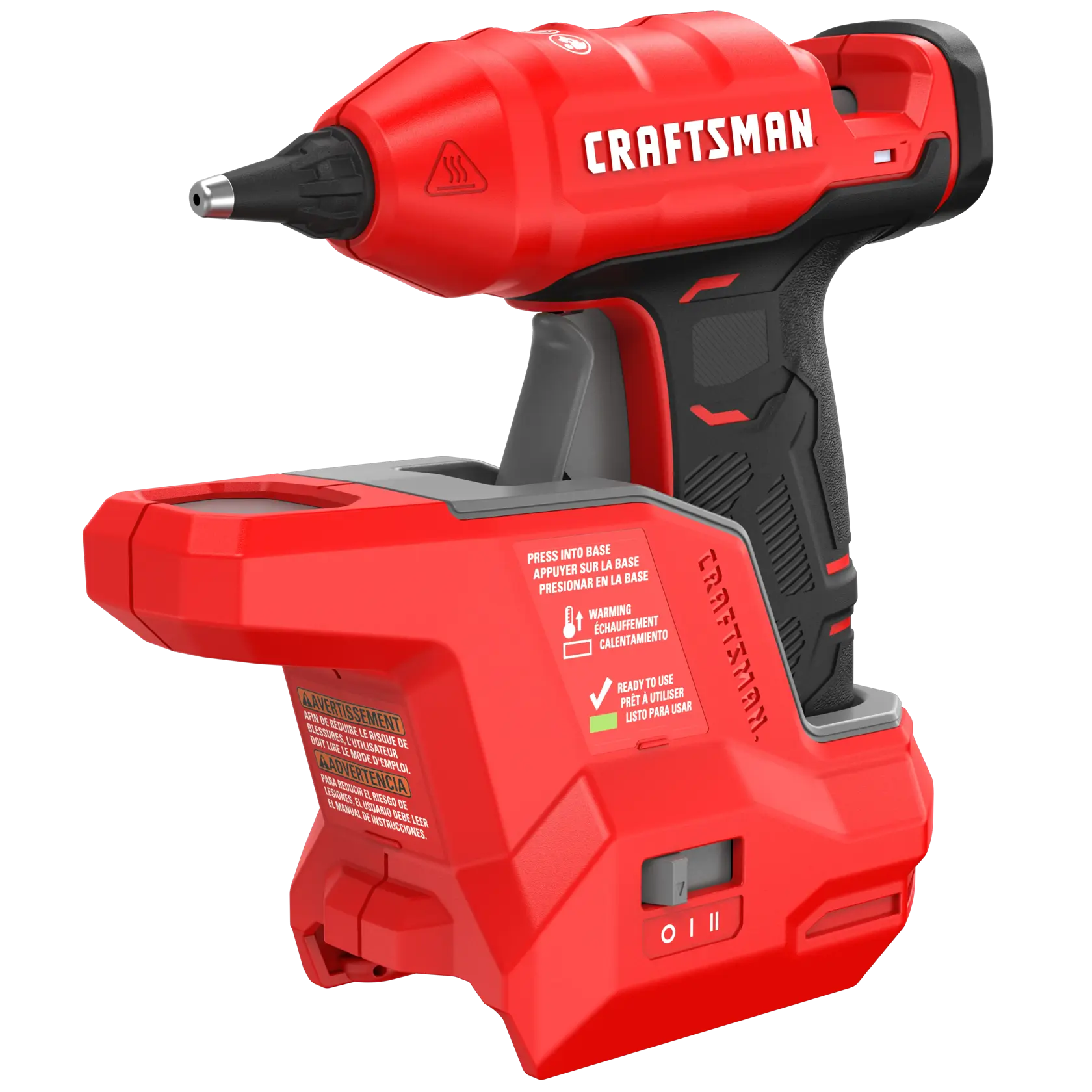 A red and black Craftsman cordless hot glue gun with an ergonomic handle, visible base for stability, and labeled instructions on its side. The product features a trigger mechanism and a nozzle designed for precision gluing.