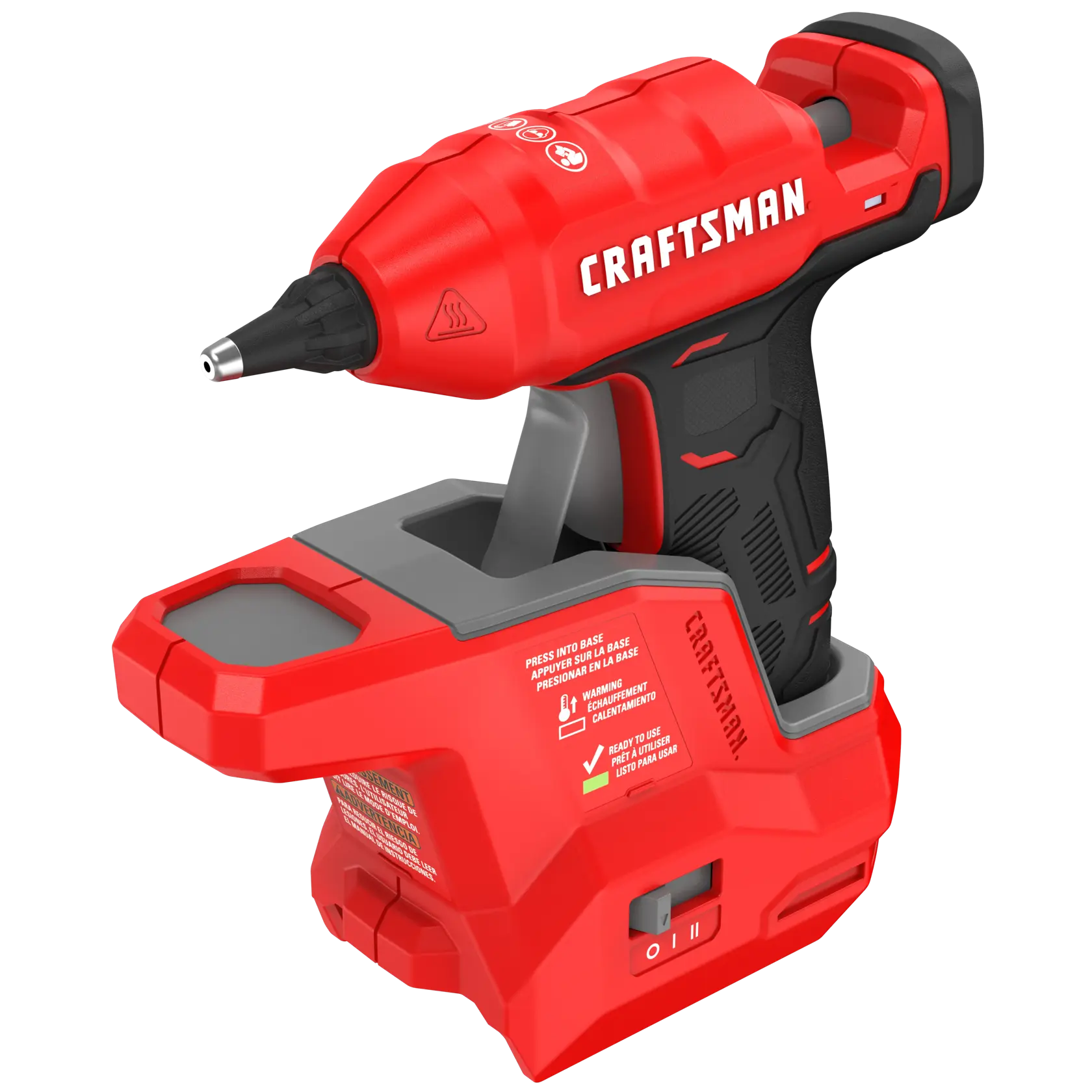 A red and black Craftsman cordless hot glue gun with a base, shown in a close-up view against a white background. The tool features a trigger handle, a nozzle tip for glue, and a visible on/off switch on the base.