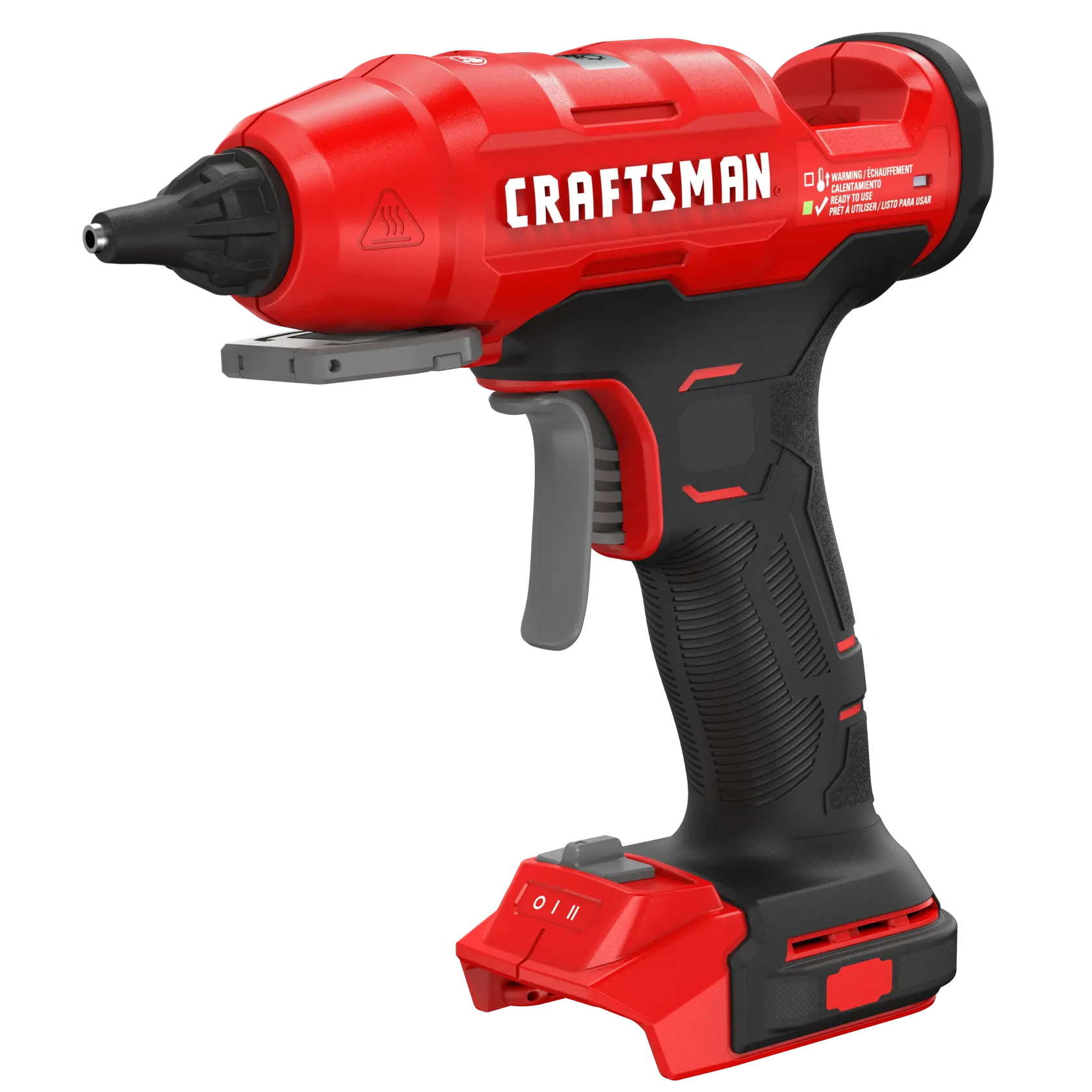 A red and black cordless hot glue gun with the CRAFTSMAN logo, featuring an ergonomic grip and a switch at the base, designed for precise glue application.