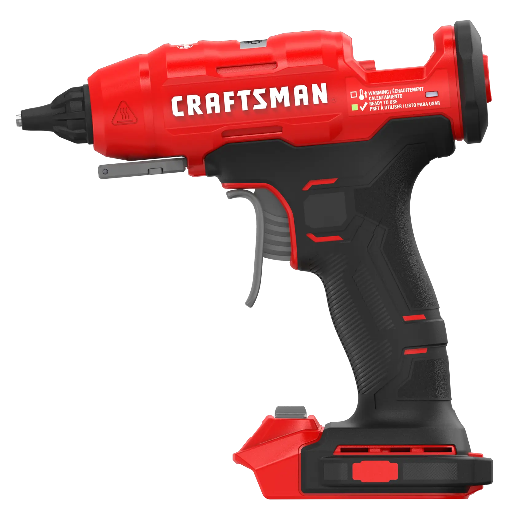 A red and black electric cordless glue gun labeled 'CRAFTSMAN,' designed with a trigger, ergonomic handle, and battery compartment at the base.