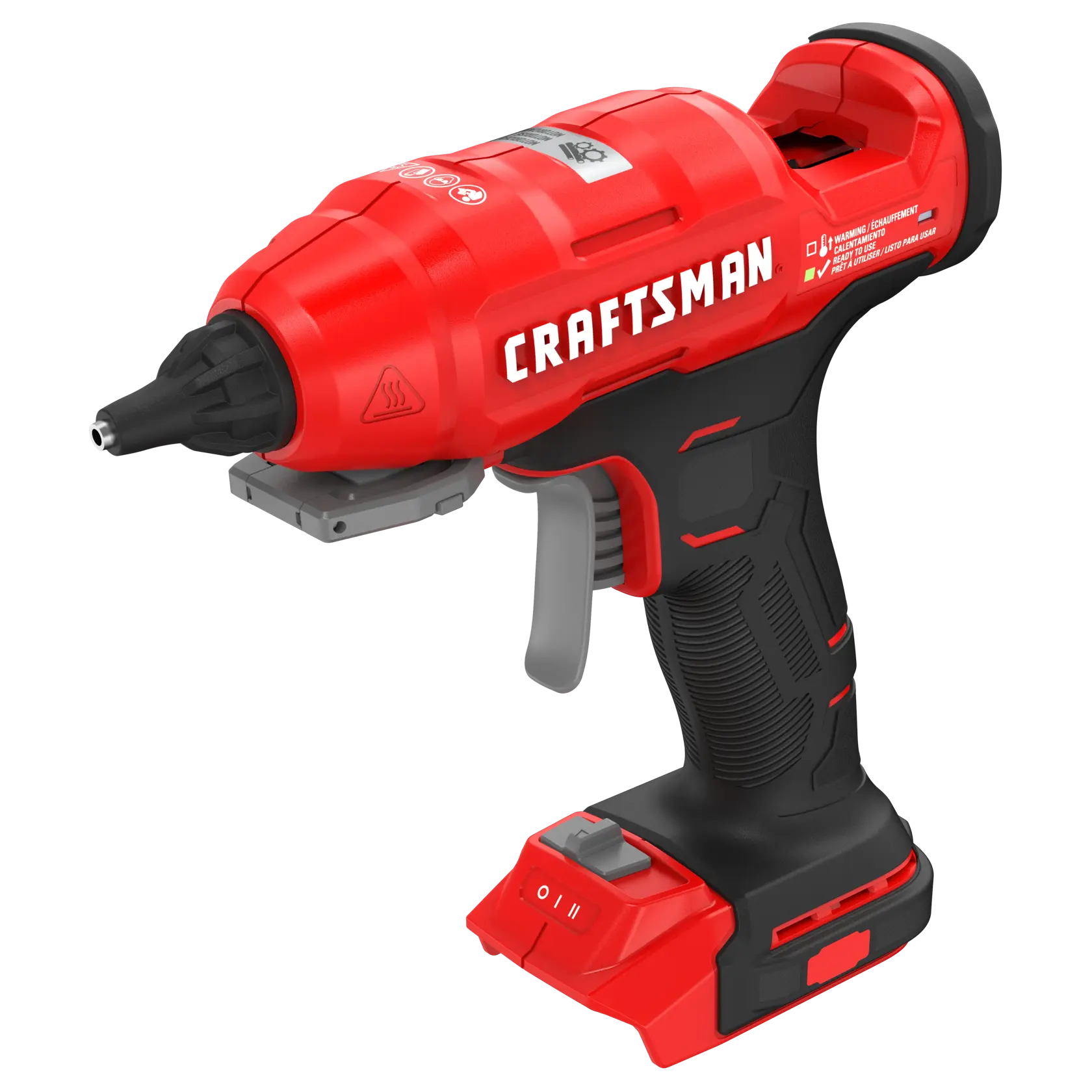 A red and black cordless hot glue gun with the brand name 'CRAFTSMAN' printed on the side. The tool features an ergonomic handle, trigger, and an on/off switch at the base.