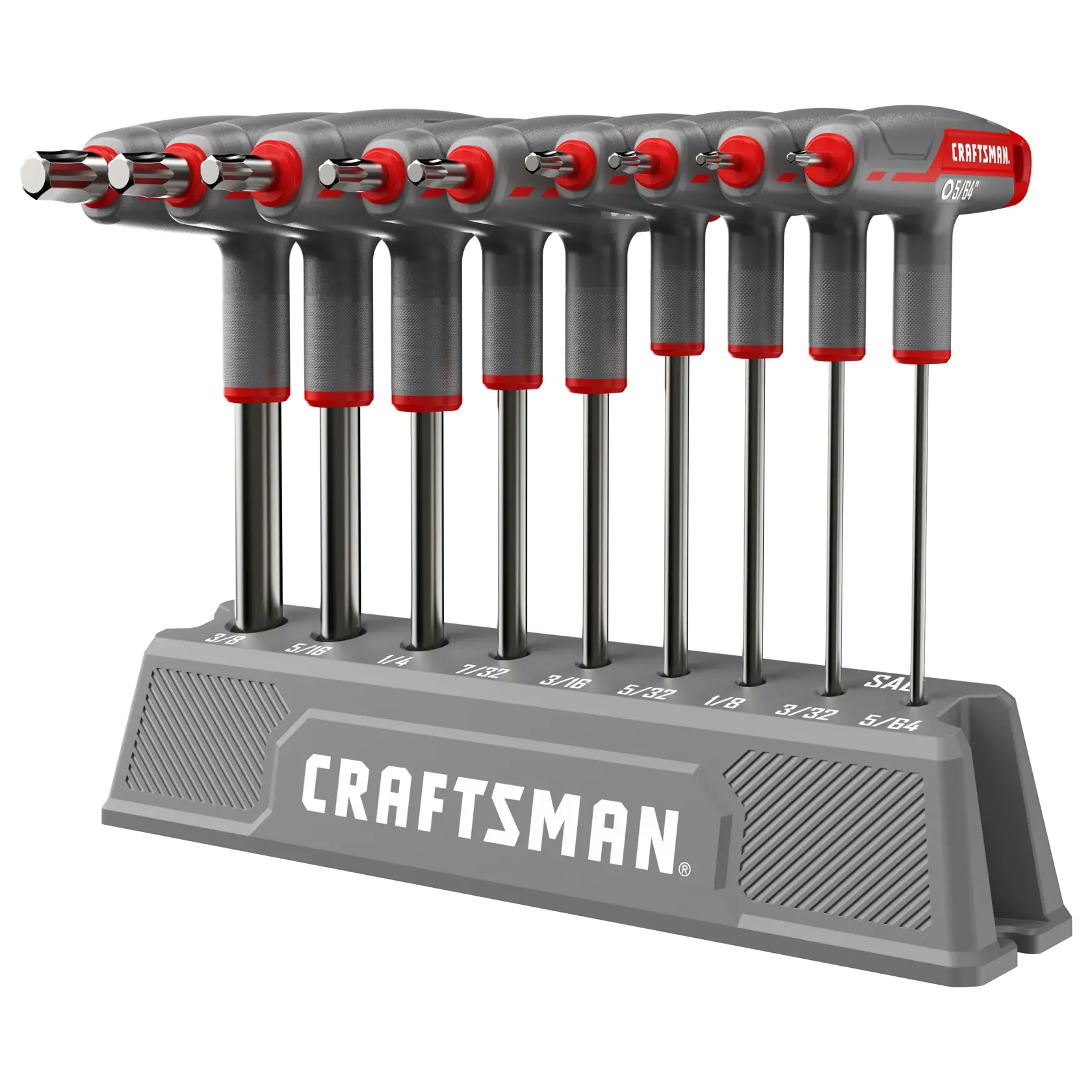 A set of Craftsman T-handle hex key wrenches in various sizes arranged in a gray storage holder labeled with their sizes.