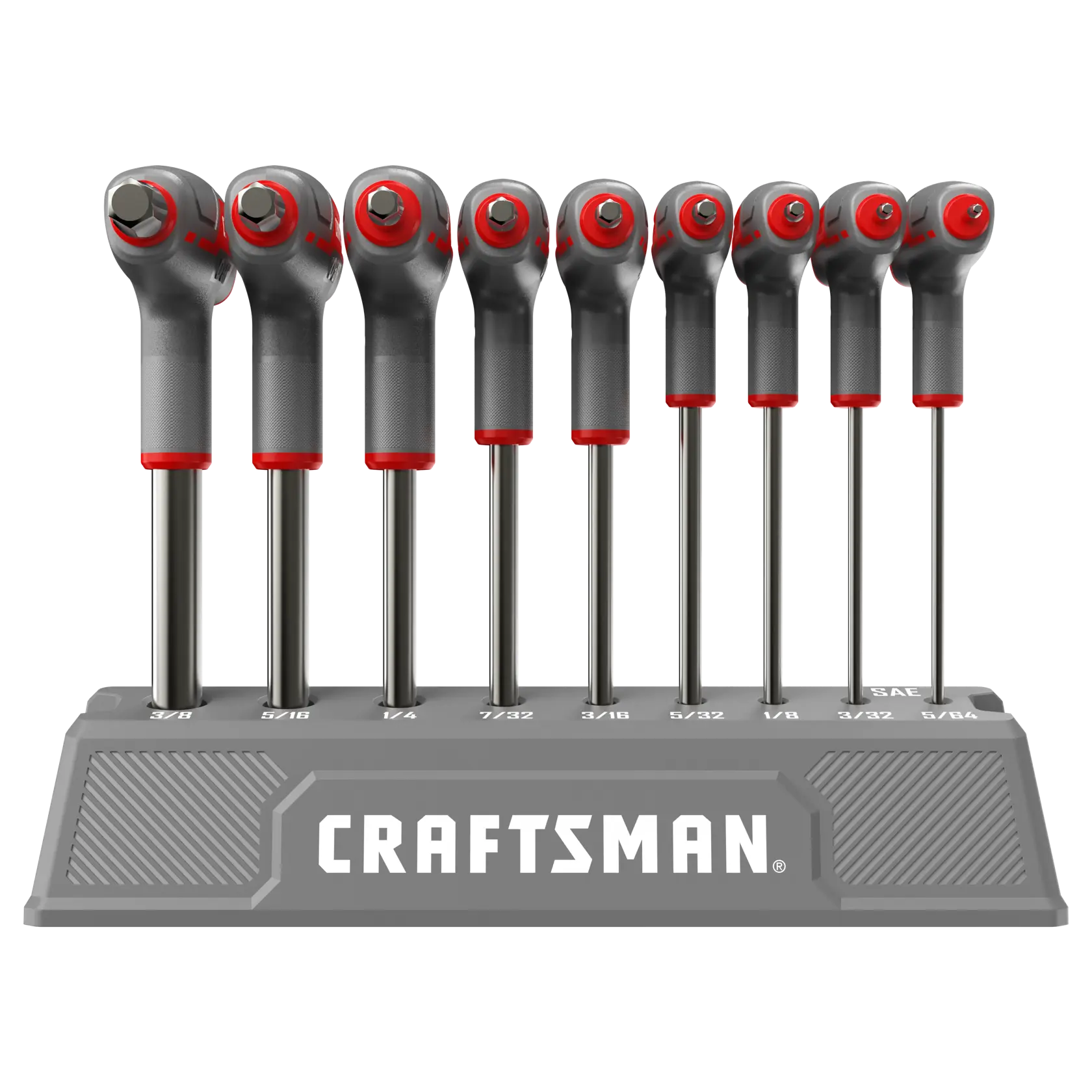 A set of nine Craftsman brand hex key wrenches with ratcheting heads, displayed upright in a gray holder marked with various sizes. The holder prominently features the Craftsman logo.