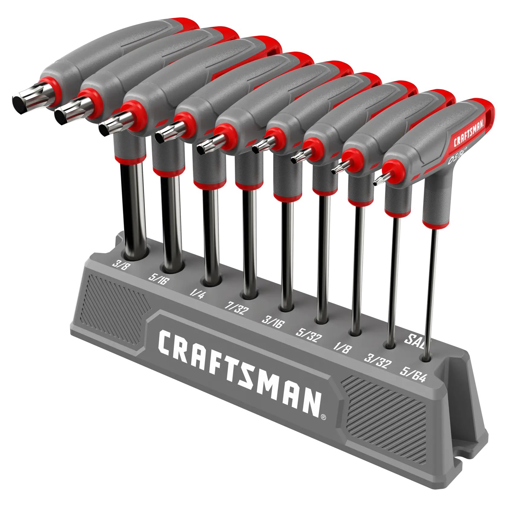 A set of nine Craftsman T-handle hex key wrenches organized in a gray plastic holder, with each tool marked by size ranging from 3/8 to 5/64 inch. The handle is gray with red accents and the tools are arranged in order from largest to smallest.