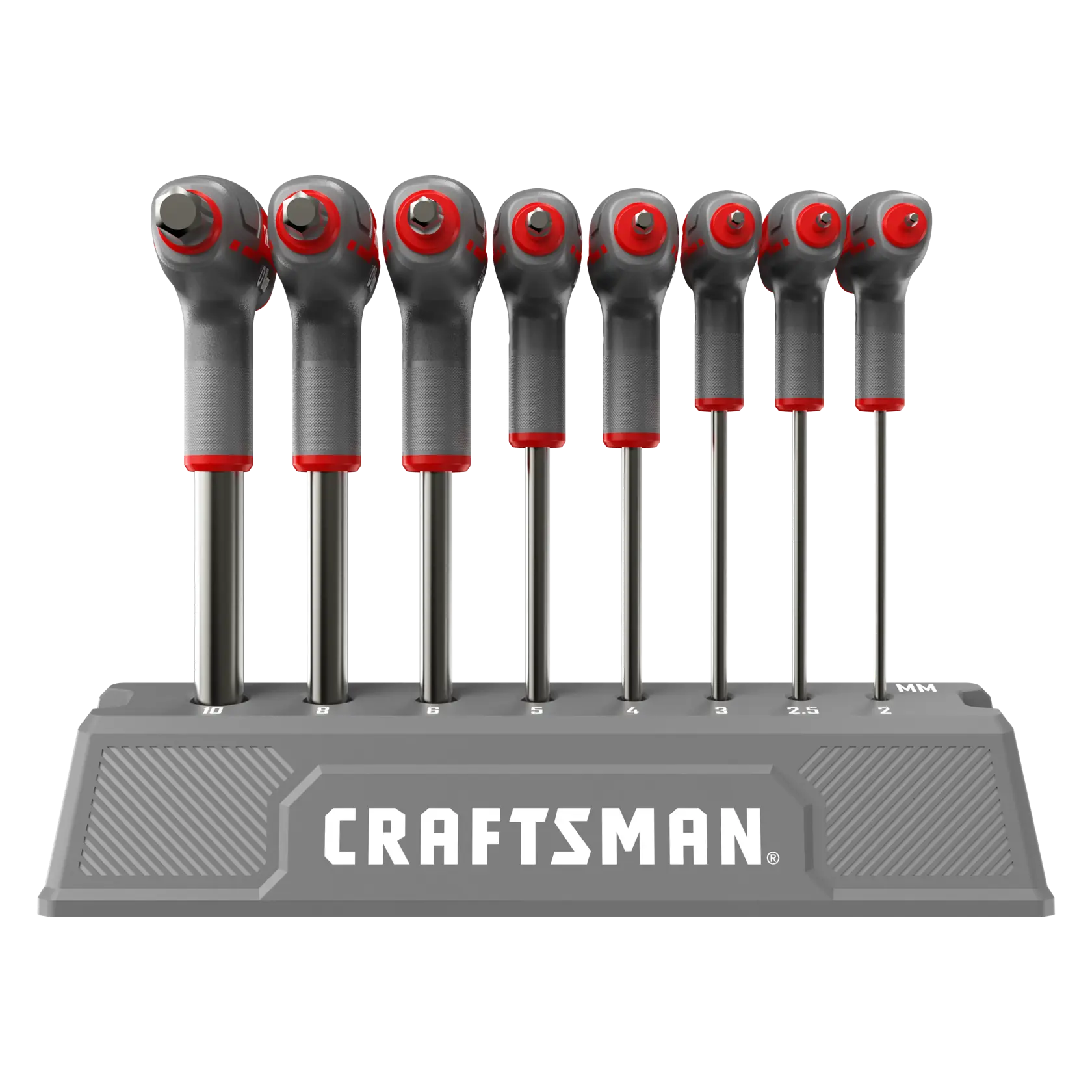 A set of eight hex key wrenches with T-handles, displayed upright in a gray stand labeled 'CRAFTSMAN.' The wrenches are arranged by size from 2mm to 10mm.