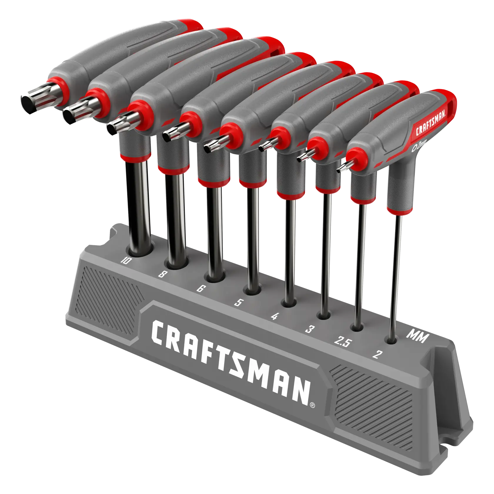 A set of CRAFTSMAN T-handle hex key wrenches in various sizes, arranged in a gray holder labeled with size numbers from 2 to 10 millimeters. The handles are gray with red accents.