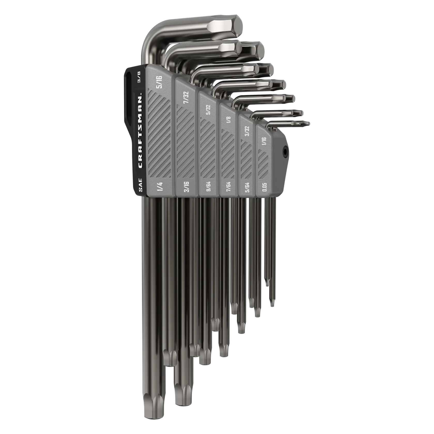 A set of nine metal hex keys or Allen wrenches arranged in a gray plastic holder, each labeled with its size. The wrenches are organized by size, with the largest on the left and the smallest on the right.
