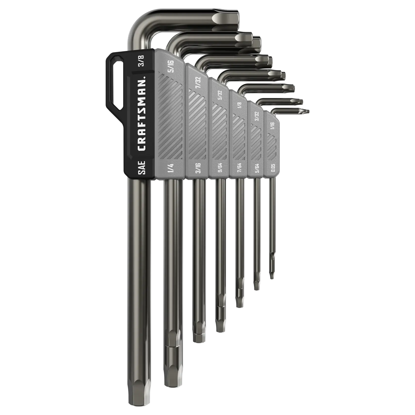 A set of nine Craftsman brand star tip hex keys, also known as Torx keys, arranged in a gray holder. Each key is labeled with its size in inches.