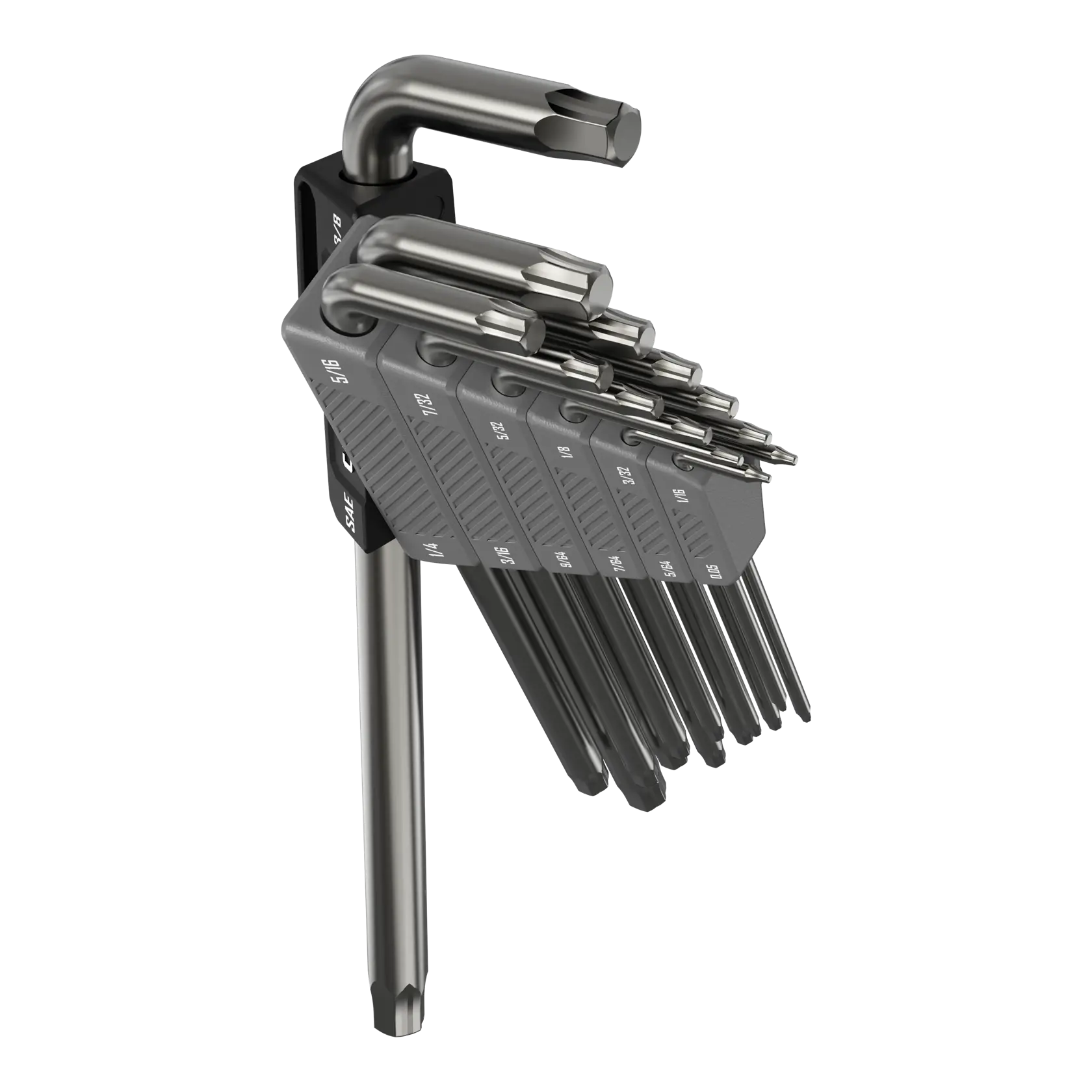 A set of Torx L-shaped wrenches in various sizes, each organized in a gray plastic holder. The wrenches are made of metal and arranged neatly for easy selection.