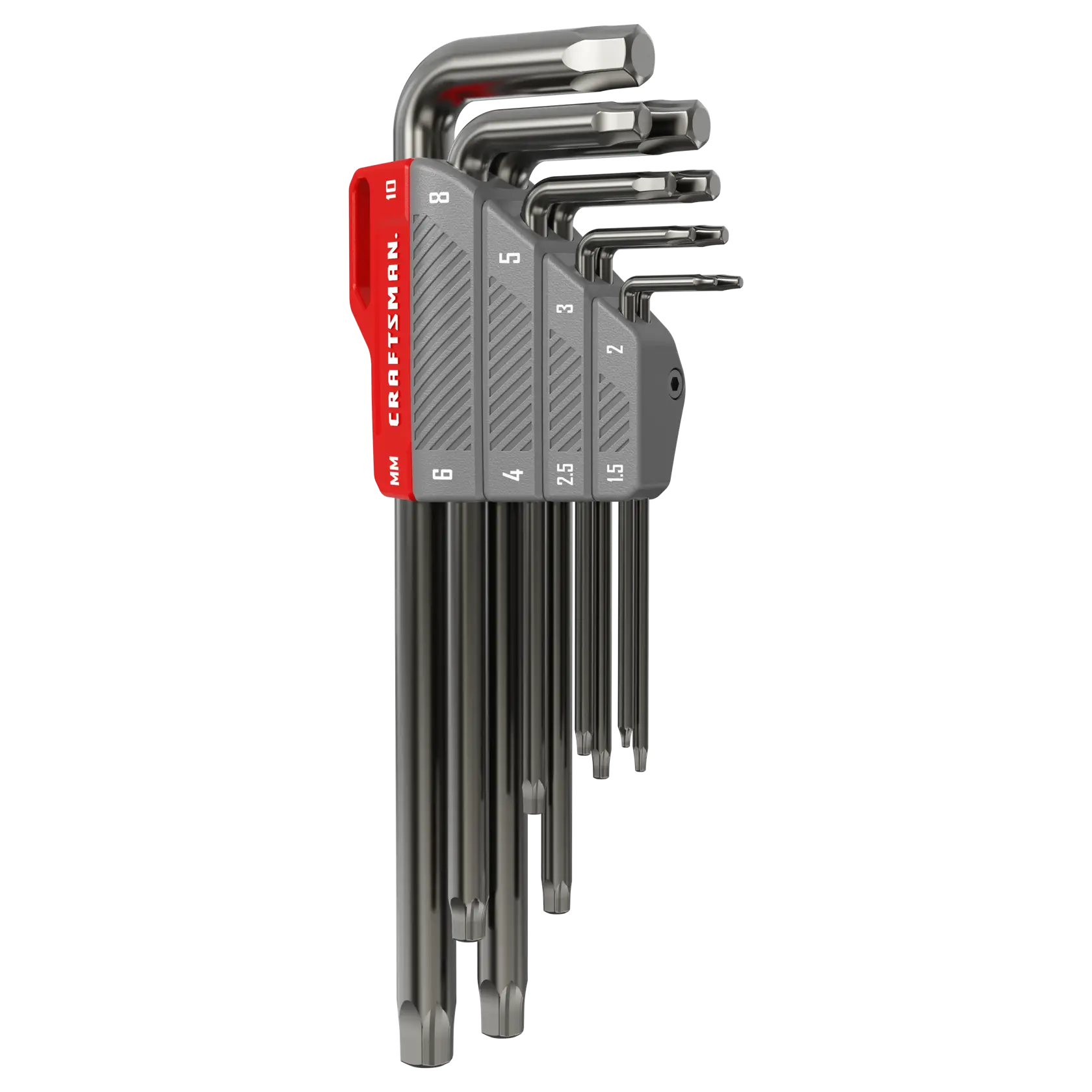 A set of metric hex keys (Allen wrenches) in various sizes, organized in a labeled gray and red holder, with each tool arranged in descending order of size.