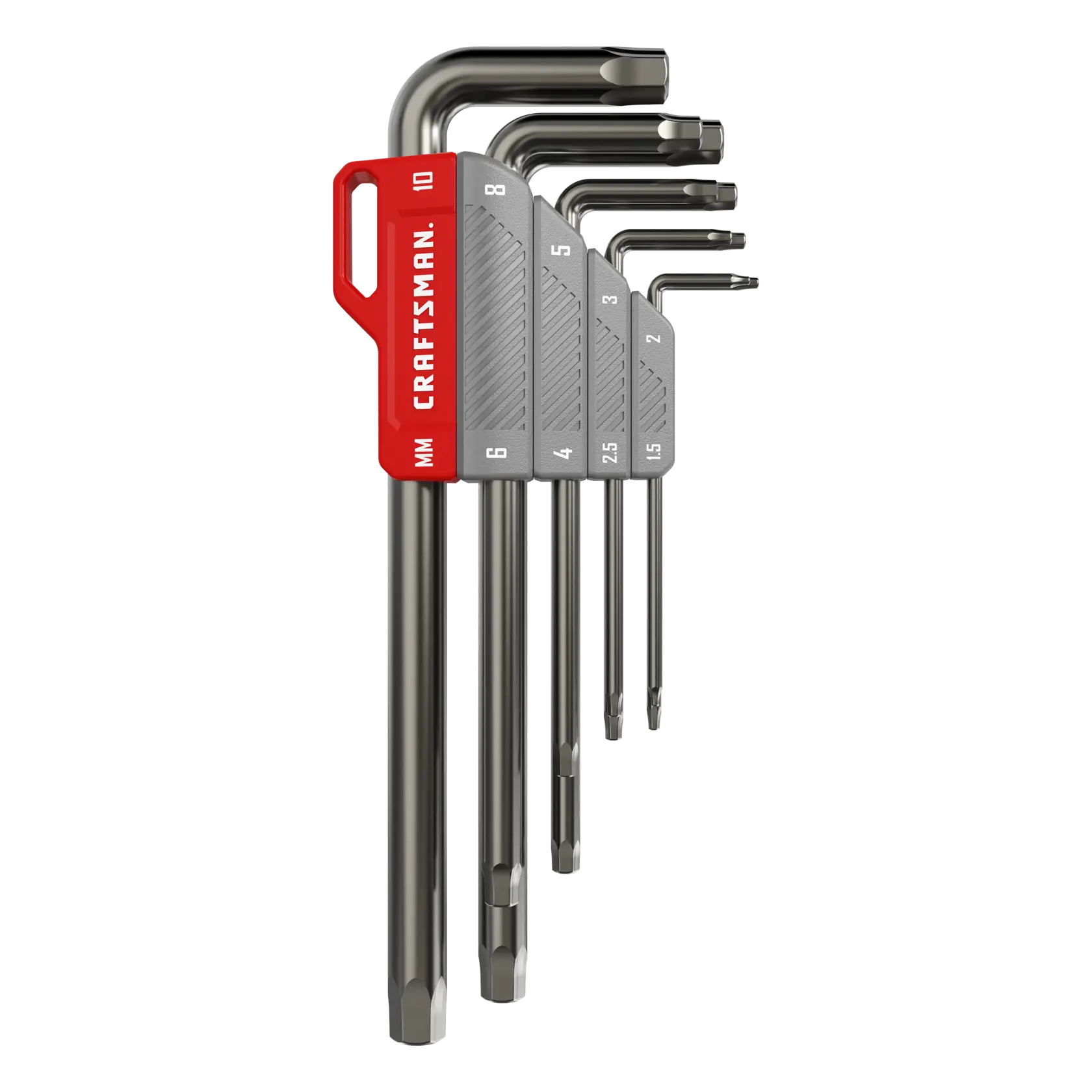 A set of Craftsman brand metric hex keys (Allen wrenches) arranged in increasing size, held together by a red and gray holder labeled with their sizes in millimeters.