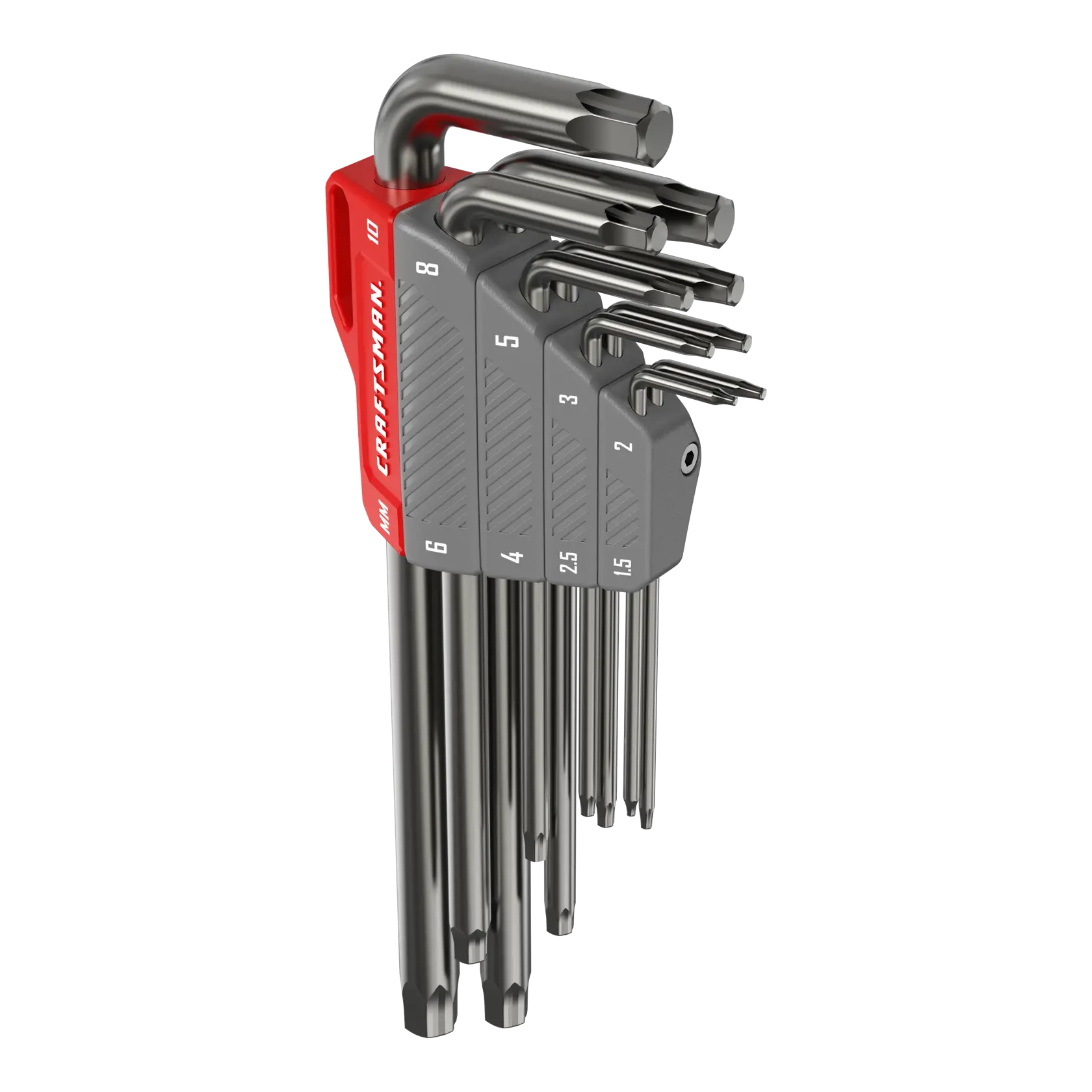 A set of chrome-colored hex keys with star-shaped ends, organized in a red and gray plastic holder with size markings. The holder is labeled with the brand name and neatly arranges the keys by size.